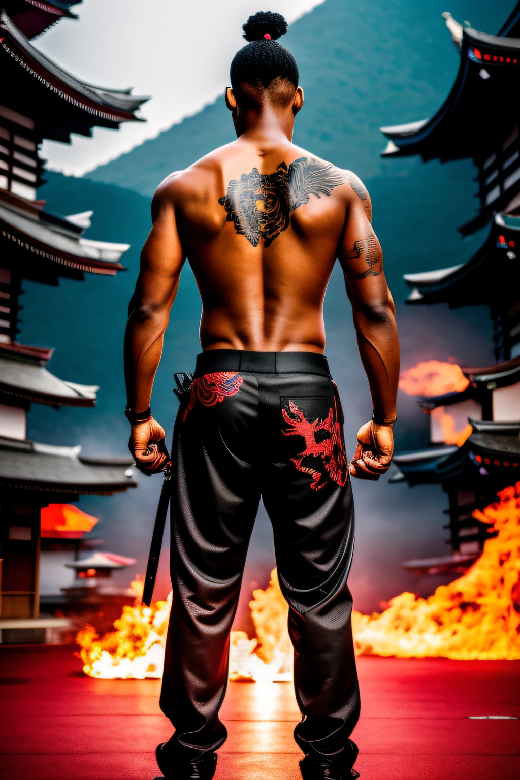 a young black man, shirtless, with a tattoo of a dragon on his back, wearing samurai pants, wielding a katana, wearing Jordan, in a futuristic Japan, panoramic view