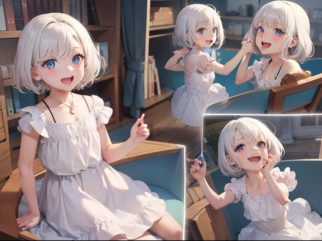 Generate a photo,Best quality, tmasterpiece, A 5-year-old girl was laughing, The girl has short white hair, eBlue eyes, small stature, Cover your stomach with your hands