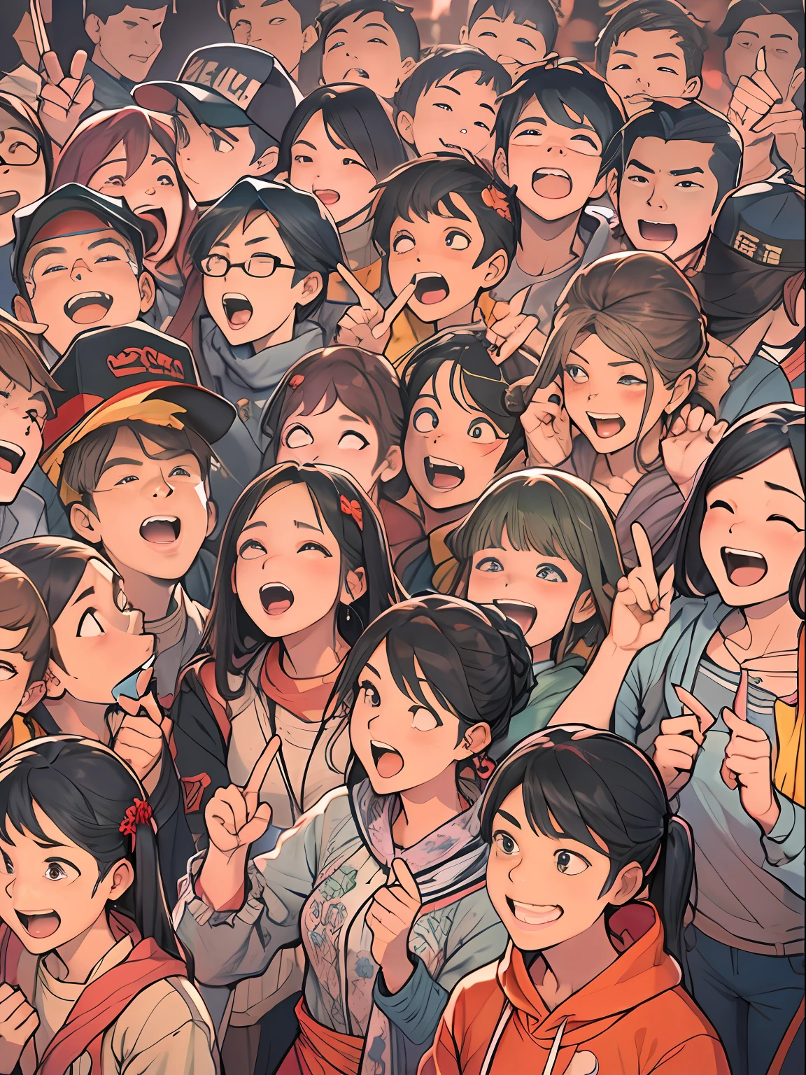 A group of enthusiastic fans gathered together, agreeing with each other. Among them, a young girl faces the camera with anger and dissatisfaction, pointing at an invisible target. The surrounding fans also have diverse expressions, some smiling, some shaking their heads, and some applauding, ,in the style of the stars art group xing xing, 32k, best quality, masterpiece, super detail, high details,
