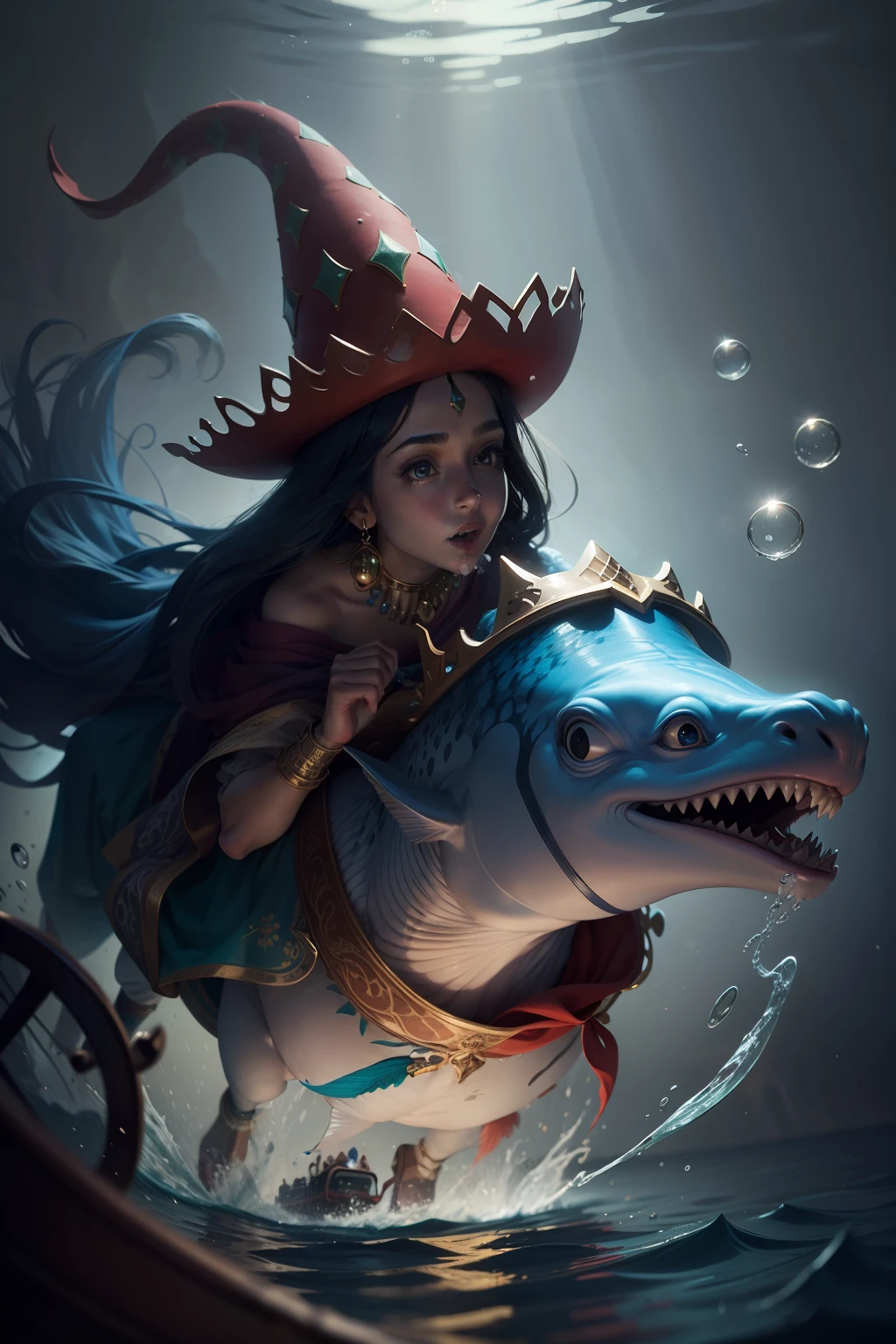 Arabian tale from the 1400s, Merry moving fish. On the head is a hat-cylinder. In a clown costume. Riding under water on a children's tricycle. Juggles with air bubbles. Full length closeup portrait in Disney Pixar style, super realistic, cinematic, lots of details, dark blur fantasy background