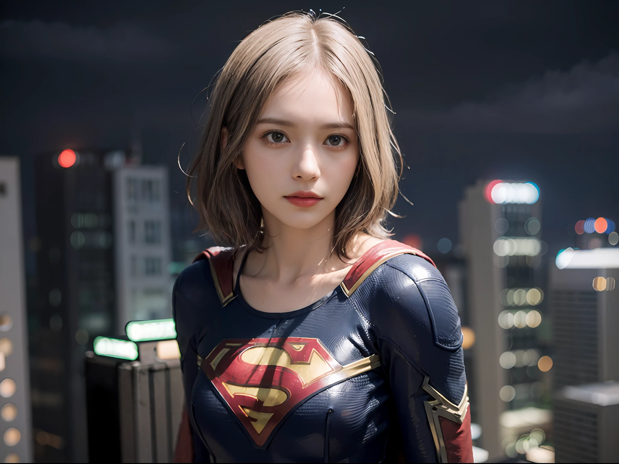 Best Quality, masutepiece, (Photorealistic:2), Ultra High Resolution, Highly detailed, A hyper-realistic, 1girl in, ((Supergirl suit in white)), (Superman's Long Cloak), Spider-Man pattern,  colourfull_hair、(((very_short_hair))), Short hair, Slim body, Full Shot,  Looking at Viewer, Night, ((On the roof of a high-rise building)), Rain, Dark Scene, Dark atmosphere, light neon, myst, cloudy, Lightning, Detailed background