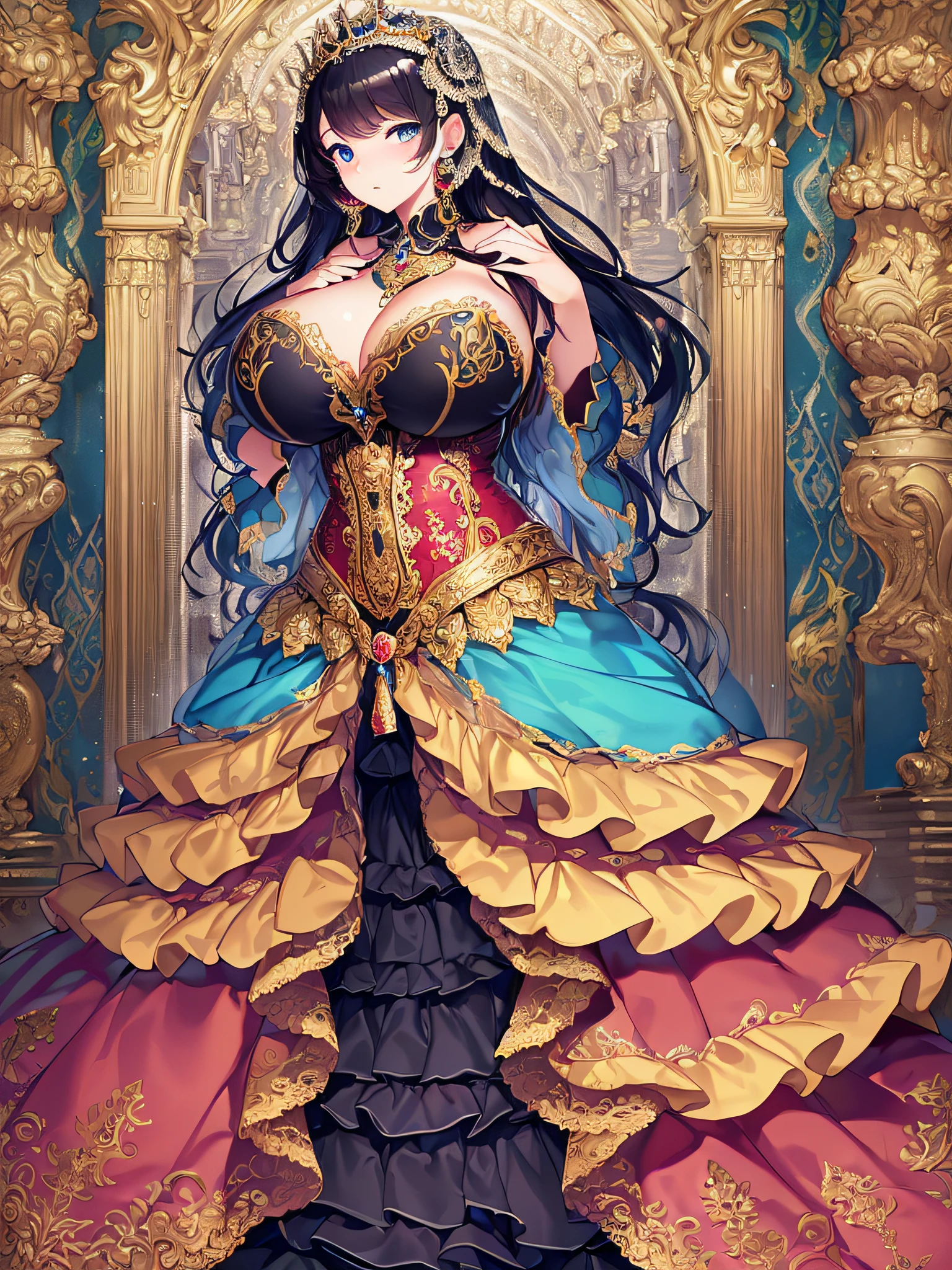 ((anime artstyle)),(Masterpiece),(Best Quality), (Super Detail),((Very Delicate and Beautiful)),((Solo)),((full body)),((1 princess in gorgeousfull rococo dress)),detailed face and eyes,jewel-like eyes,((voluminous Very Long Straight Hair)),(((gigantic tits,Long tits))),curvy,skindentation,((gorgeousfull embroidery and lace)),gorgeous corsage,See-through,gorgeousfull hair ornament,gorgeousfull glitter jeweled tiara,ornate ruffles,((full body)),((hoop skirt,crinoline)),Dynamic Angle,Looking at viewer,(((gorgeous embroidery gorgeousfull rococo dress)),full body