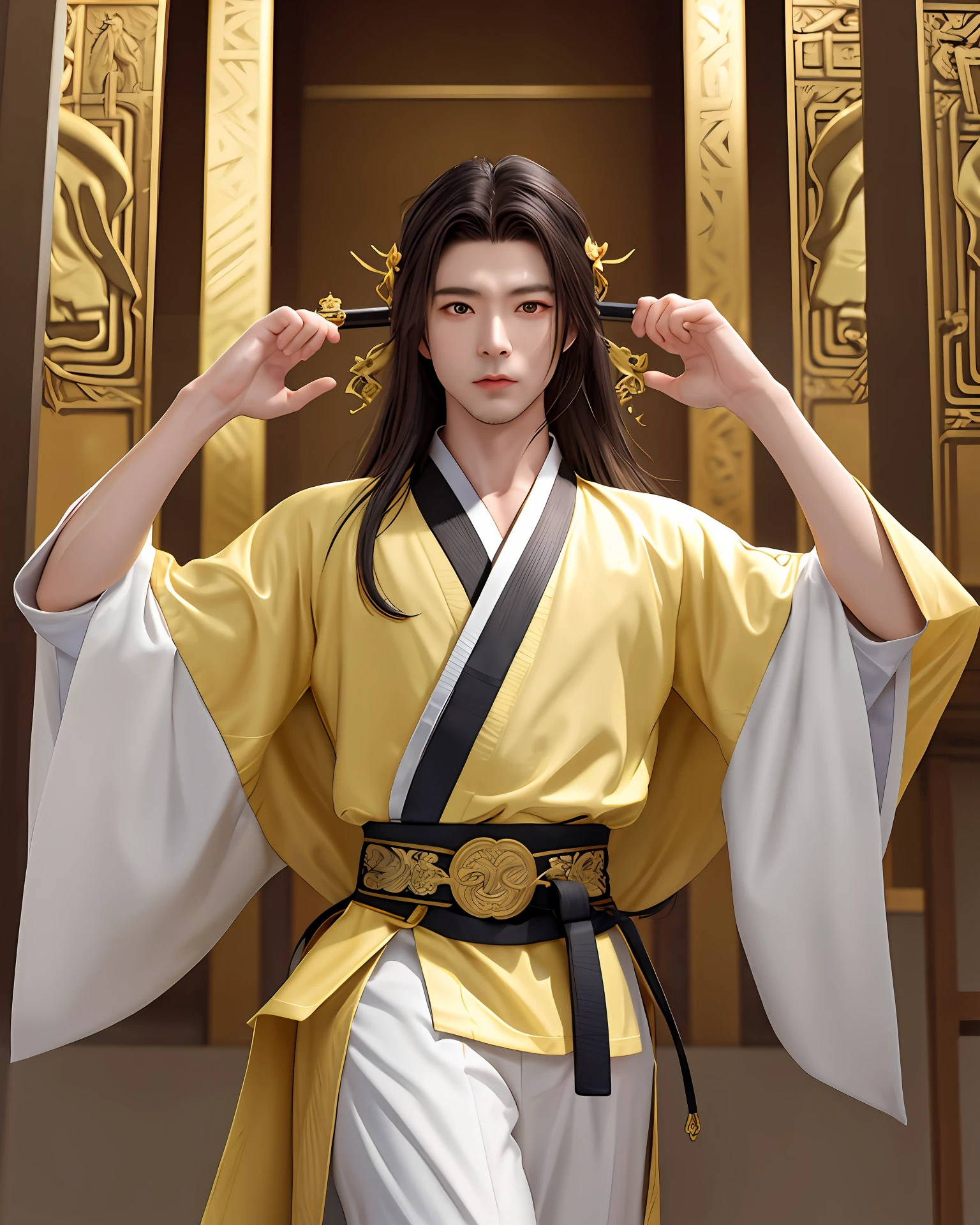 illustration，Master of martial arts，Long-haired males，Wearing a martial arts uniform，It is surrounded by yellowish airflow，The expression is relaxed and comfortable，Long sword in hand，Behind it is a huge pale yellow phantom guardian saint，The background is the main hall，There are runes on the walls of the temple，The figure is in the center of the basilica