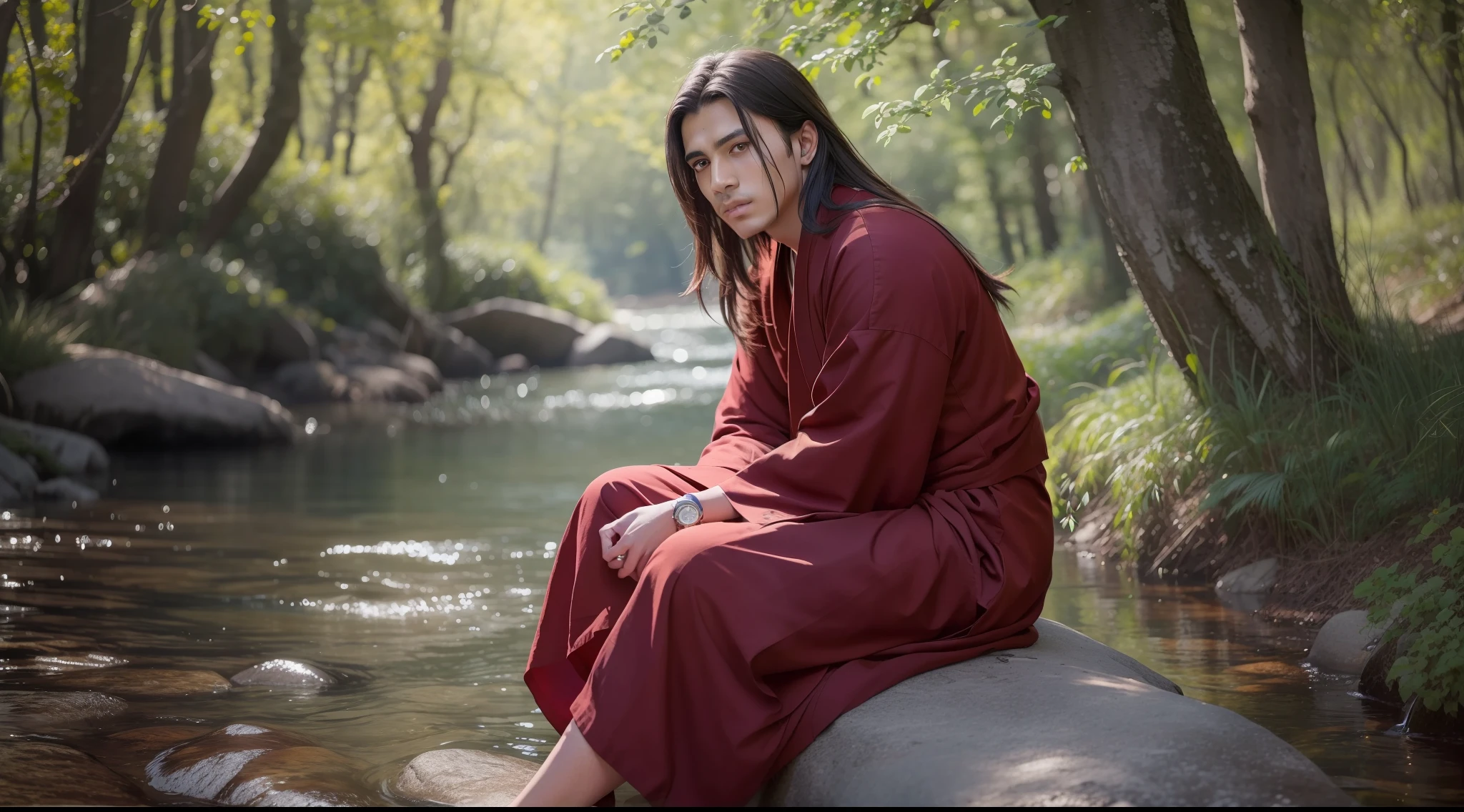 drawing, ultra realistic, 8k, extremely detailed, high quality, natural light image, daylight, sunlight ground light, ultra realistic image, realistic texture, extremely detailed, high quality, young man 20 years old, facial features persian prince, well designed goatee and defined, sitting on a rock, piercing sad gaze, despondent countenance, realistic skin, long hair realistic texture fluttering in the wind, wearing faded Tibetan monk robe, colorful, frontal image, sitting on a rock, surrounded by river, colorful forest, daytime , natural daylight, sun rays penetrating the forest, realistic texture,