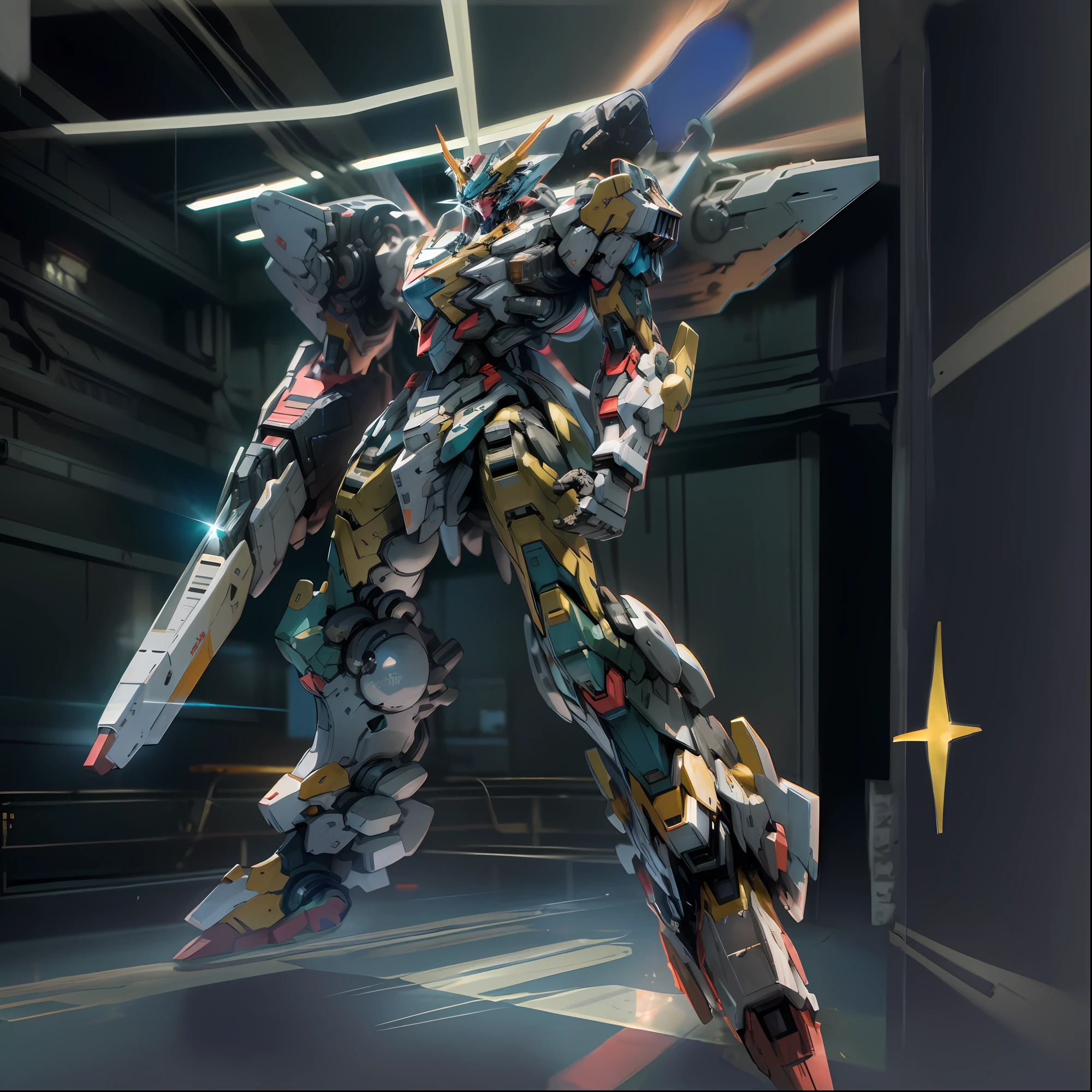 Full body standing painting, Gundam Mech, Machinary, The frontal of the character, reflective light, hyper HD, A high resolution, High detail, Chiaroscuro, Sparkle, Ray tracing, Cinematic lighting, High detail, Chiaroscuro, Sparkle, Ray tracing, reflective light, Cinematic lighting, Masterpiece, ccurate, Super detail, High details, High quality, 16k, hyper HD, Masterpiece, ccurate, Super detail, High details, High quality, A high resolution, 16k