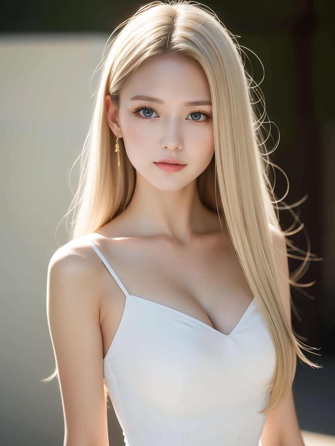 A woman of beauty in a fantastic space, Tight micro dress white and gold color, 98k, {{Masterpiece}}, Best quality, High quality:1.4), {{[[front look}}, eye_contact,Various photo actions)]], very pretty look face, and very pretty eyes, cute images, cute images, {{A half body}}, {{{{{{{{Long legs}}}}}}}}, {{{{slim sexy body}}}}, {{{{{{Tall woman}}}}}}, {{177 cm tall}}, Solo, Beautiful, Lovely, Adorable, Pale skin, {{18to 22 years old German girl}}, look beautiful German girl and blue eyes or green eyes with platinum blonde hair color), Nordic German young girl, {{{{{{{{{{half girl}}}}}}}}}}, {{{{{{{{{{High_Heels}}}}}}}}}},