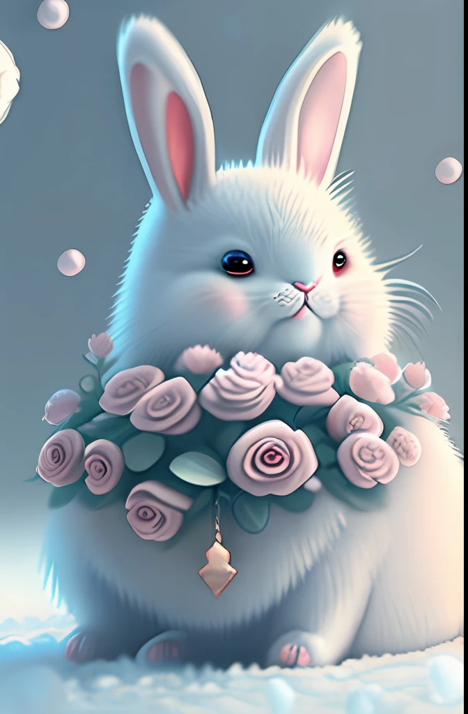 In this ultra-detailed CG art, cute rabbit surrounded by ethereal roses, laughter, best quality, high resolution, intricate details, fantasy, cute animals, open mouths, laugh!!