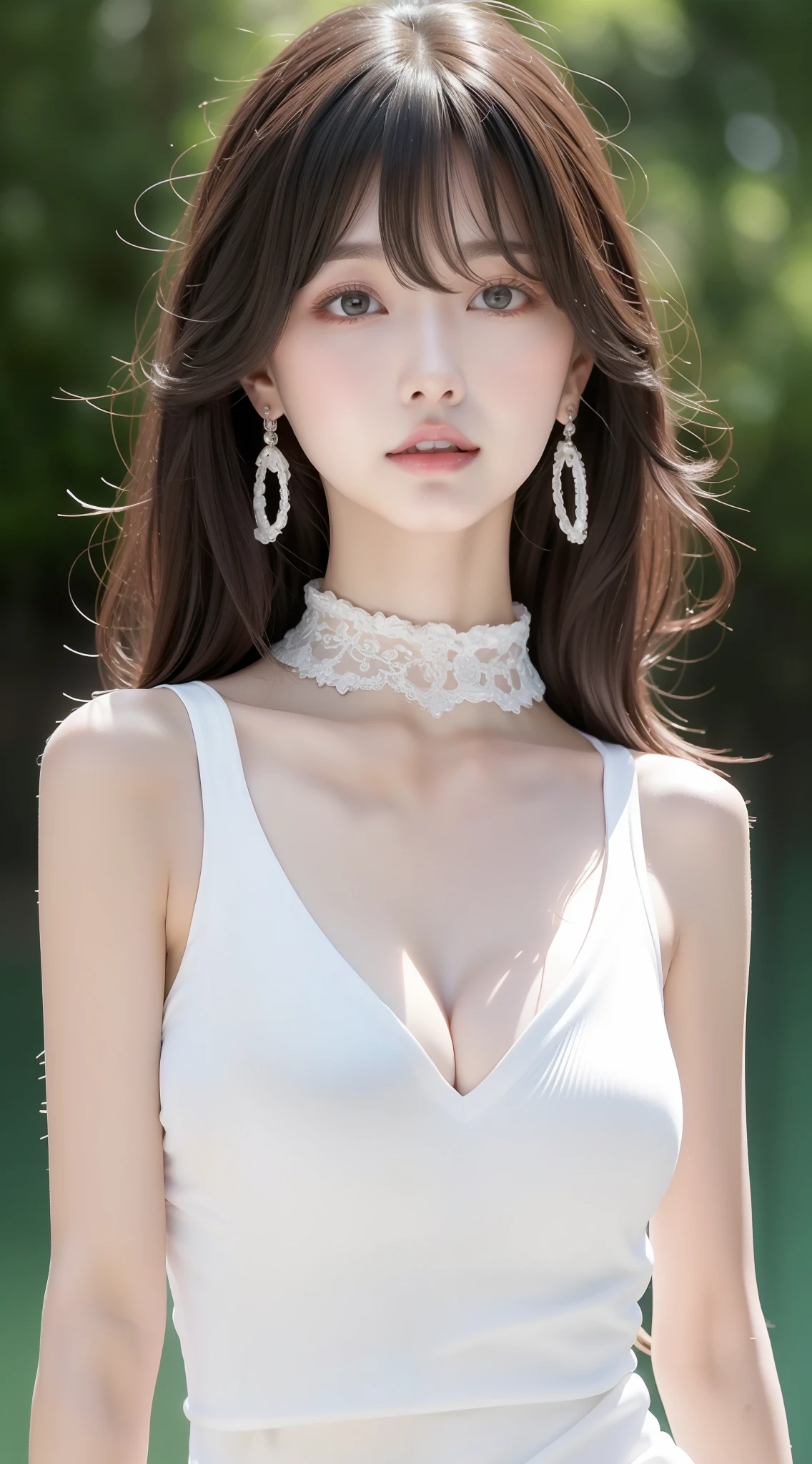 perfect figure beautiful woman：1.4，Layered Hair Style，Protruding cleavage，Two-dimensional clothing：1.5，Highly Detailed Face and Skin Textur，二重まぶた，Whiten the skin，long whitr hair，playing water，Collar