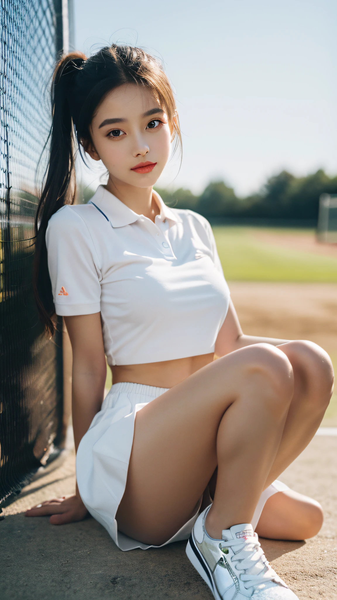 1girll, 独奏, White polo shirt, White sneakers, tennis wear, white mini-skirt, tmasterpiece, Best quality at best, realisticlying, ultra - detailed, (shiny skins, perspired:1.4), looking at viewert, with short black hair, with brown eye,slenderness,Dynamic light and shadow,A high resolution,Sharp focus,depth of fields,The eyes are delicate,Sharp pupils,pupil realistic,(smallunderboob:1.1),(Thigh thick:1.0),exteriors,Skysky