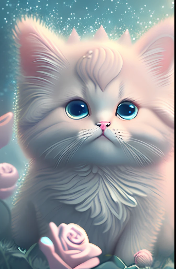 In this ultra-detailed CG art, cute cat surrounded by ethereal roses, laughter, best quality, high resolution, intricate details, fantasy, cute animals, open mouths, laugh!!