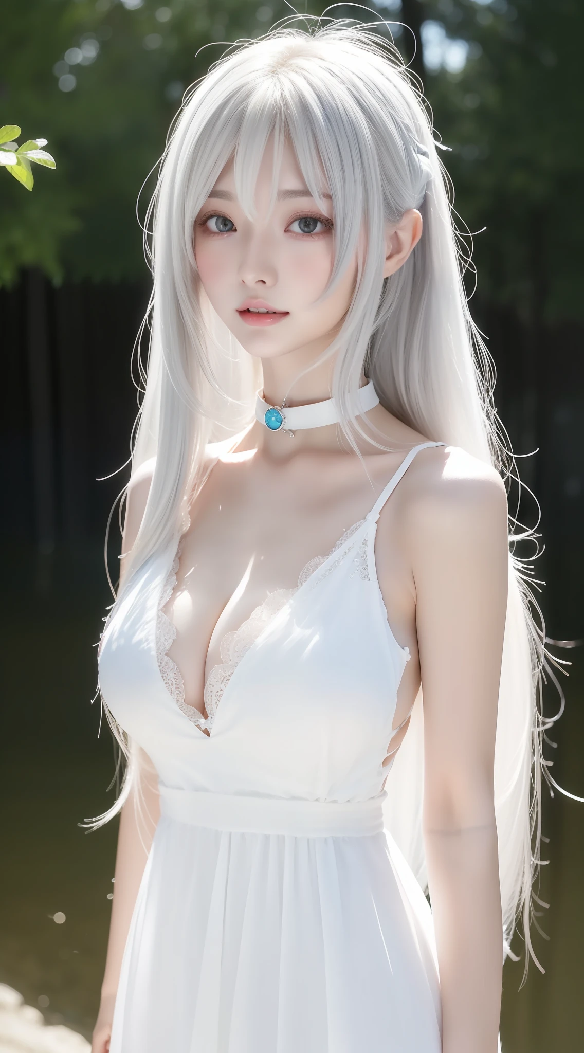 perfect figure beautiful woman：1.4，Layered Hair Style，Protruding cleavage，Two-dimensional clothing：1.5，Highly Detailed Face and Skin Textur，二重まぶた，Whiten the skin，long whitr hair，playing water，Collar