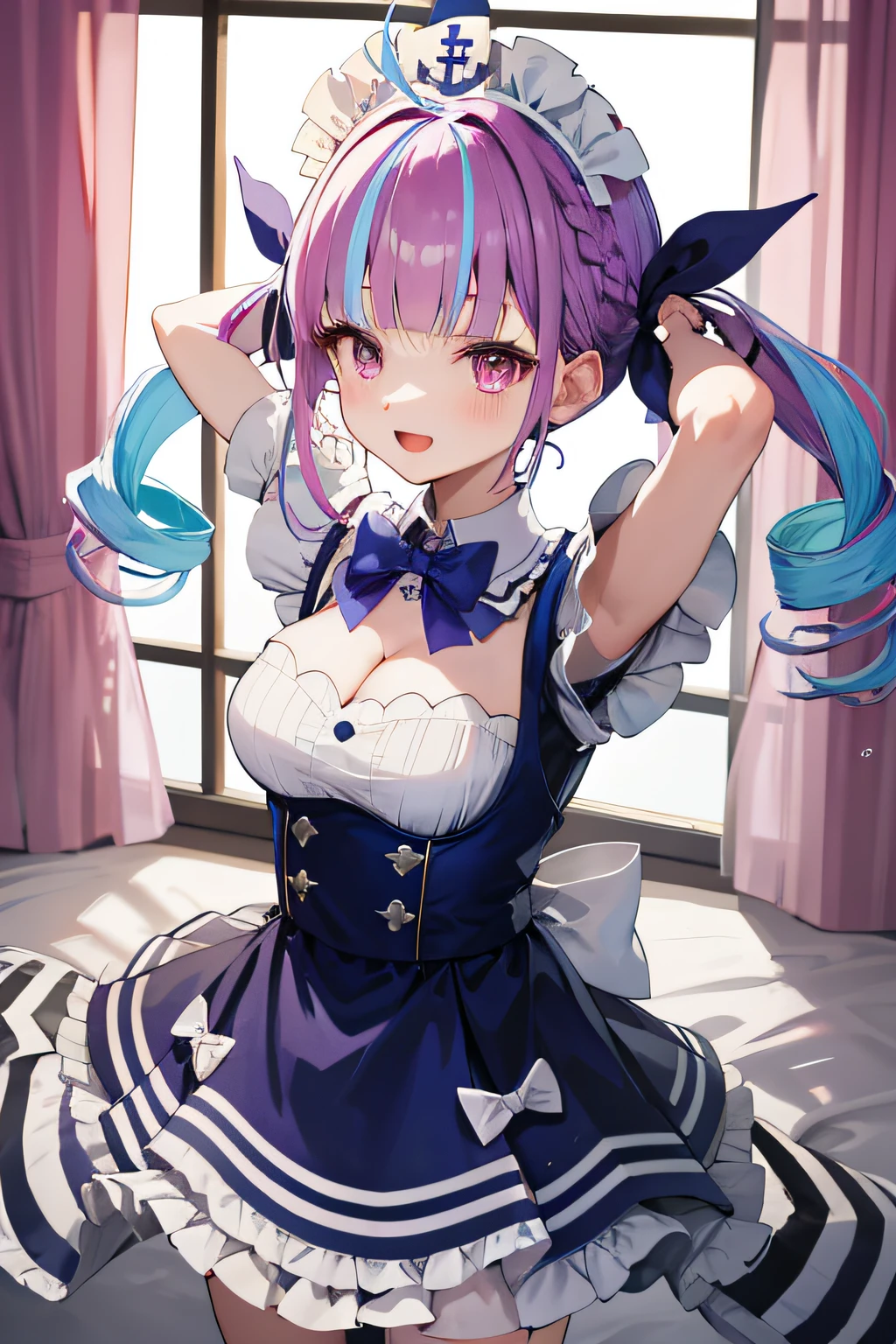 ​masterpiece、top-quality、女の子1人、Virtual Youtuber、Minato Aqua、long、multi color hair、doress、Twin-tailed、Maid headdress、Color Inner Hair、Purple Eye、Anchor Symbol、blue hairs、bow ribbon、Two-tone hair、shortsleeves、Braids、Blue Dress、Wrist cuffs、bow ribbon、bangss、Drill Hair、twin drills、Puffy Short Sleeves、Hair Ribbon、Purple hair、Puffy Sleeve、Ahoge、Ankle Cuffs、Dress Ribbon、Maids、frilld、manicure、striated hair、white bow、Cowboy Shots,Smile,Opening Mouth,a room,arms folded,cleavage