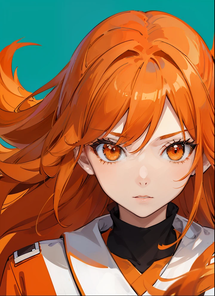 anime style, (((1 women))), adult, orange and white pallete colour, potrait, long hair, (((orange hair))) , good anatomy, stylish outfit, close up, half body, look at camera