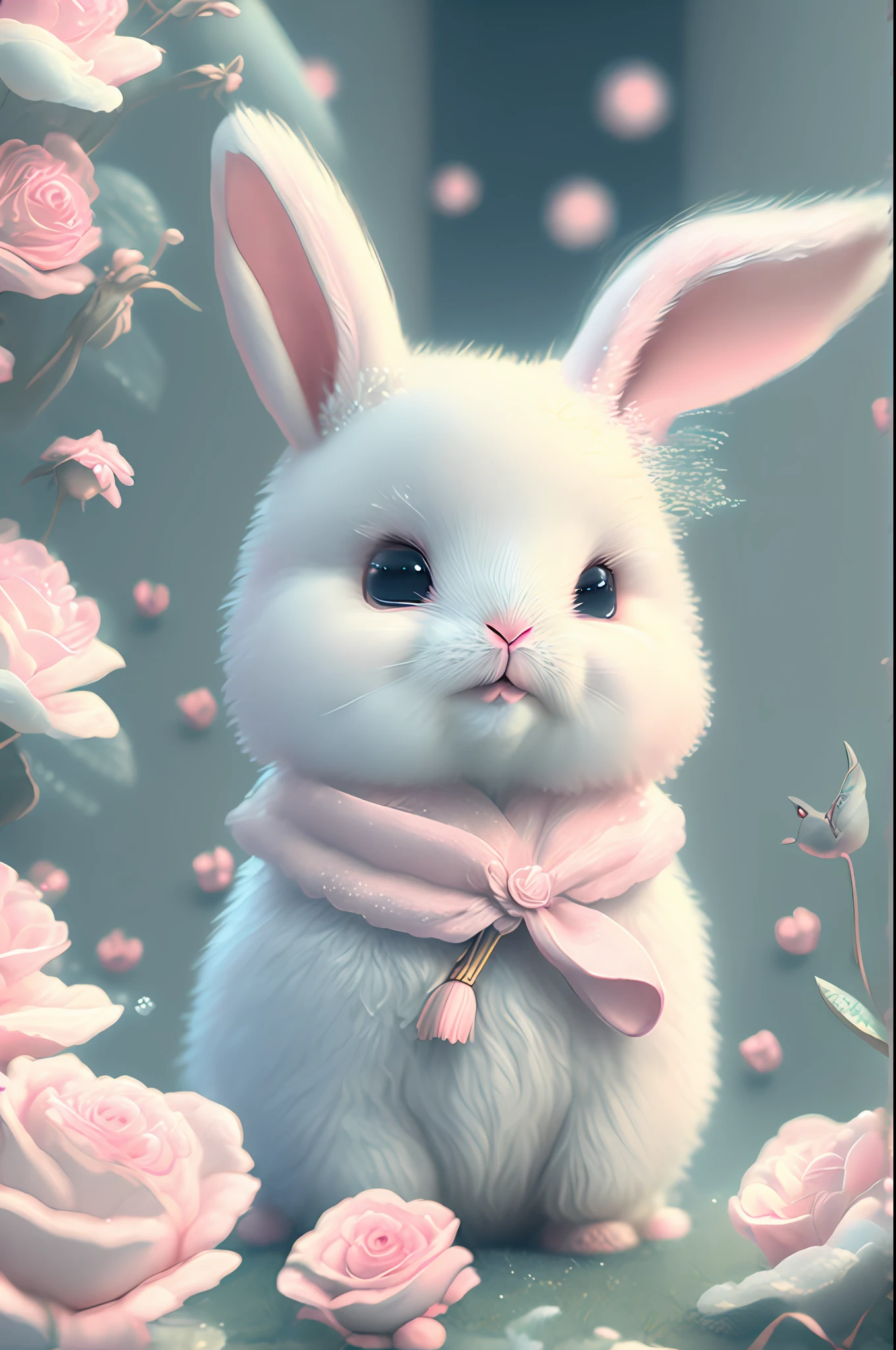 Nesta arte CG ultra-detalhada, Cute rabbit surrounded by ethereal roses, riso, best quality, high resolution, detalhes intrincados, fantasia, animais bonitos, bocas abertas, rir!!