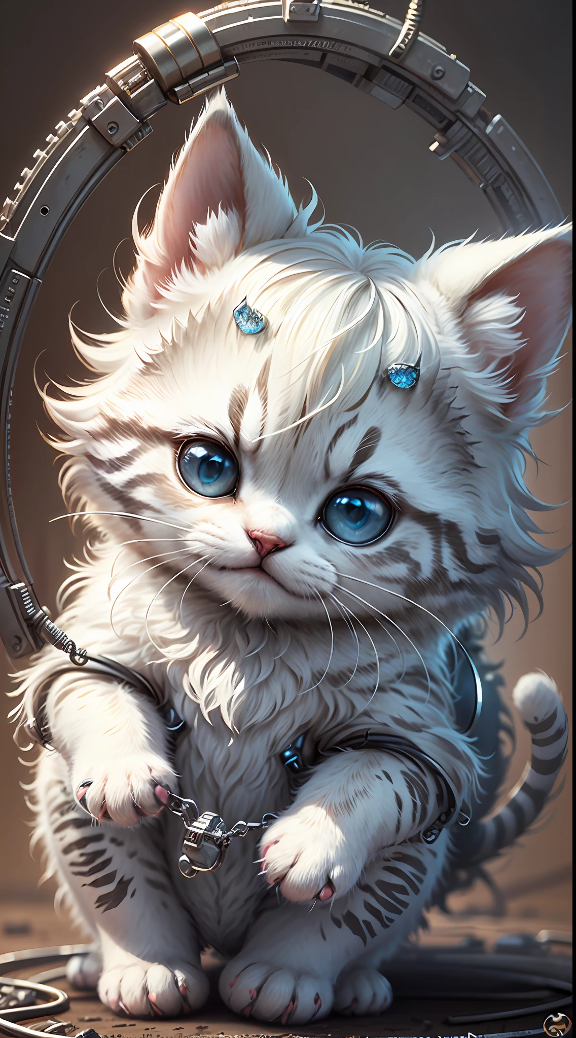 A cute metallic white fur kitten，(Cyborg:1.1)，([Tail|detailed wire]:1.3)，(complexdetails)，hdr，(complexdetails，ultra - detailed:1.2)，Cinema lenses，Halo shadow，at centre，White-haired kitten！！！，red colour，ssmile，Funny，crystal，brightly，shaggy，