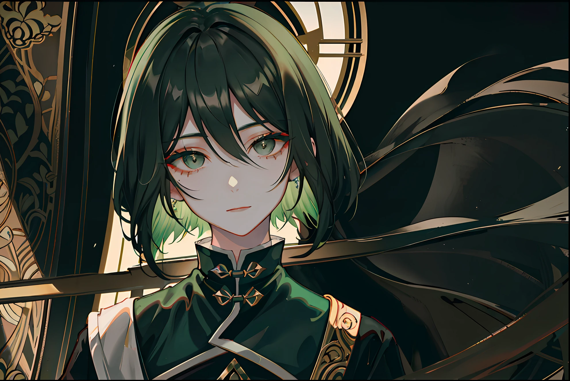 Black eyes，(Masterpiece, side-lighting, Ultra-detailed, fine detailed beautiful eyes: 1.2), Kizi，Dark green hair，short detailed hair，Chinese outfit，eye glass, Indifferent expression，the night