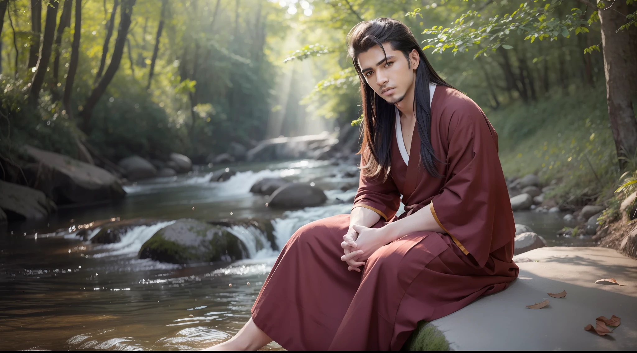 drawing, ultra realistic, 8k, extremely detailed, high quality, natural light image, daylight, sunlight ground light, ultra realistic image, realistic texture, extremely detailed, high quality, young man 20 years old, facial features persian prince, well designed goatee and defined, sitting on a rock, piercing sad gaze, despondent countenance, realistic skin, long hair realistic texture fluttering in the wind, wearing faded Tibetan monk robe, colorful, frontal image, sitting on a rock, surrounded by river, colorful forest, daytime , natural daylight, sun rays penetrating the forest, realistic texture,