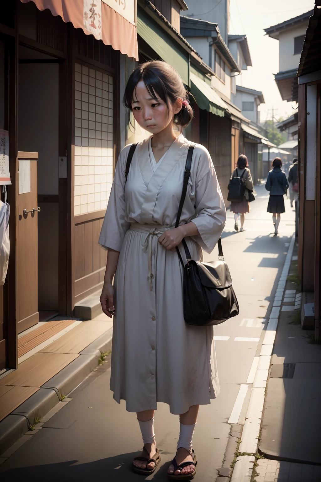 The streets of depressed Japan,exhaustion、A poor single woman in shabby clothes leads her daughter