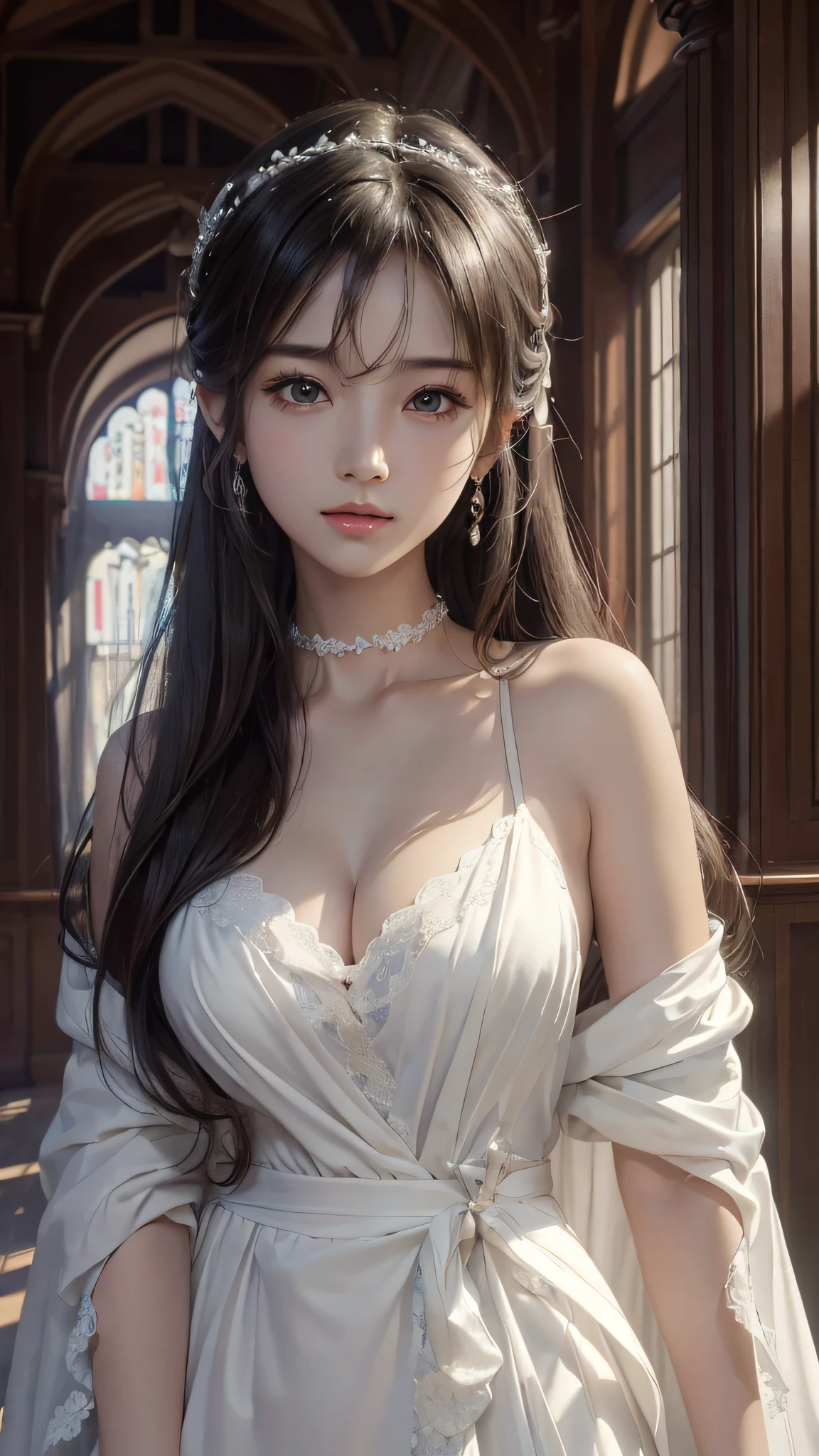 (Hyper-realistic) , (illustratio), (Increase the resolution), (8K), (extremely detaile), (Most Best Illustration), (美丽细致的眼睛), (best qualtiy), (ultra - detailed), (tmasterpiece), ( the wallpaper), (详细的脸), 独奏,1个Giant Breast Girl, looking at viewert, exquisite detailing, 详细的脸, deep shading,low tune,pureerosfaceace_V1, ssmile,long whitr hair,Black shawl straight hair,46 points oblique bangs,Best quality、tmasterpiece、A high resolution、1girll、hair adornments、choker necklace、jewely、pretty face、Physically、Tyndall effect、realisticlying、Shadow Studio、edge lit、bicolor lighting、(highdetailskin:1.2)、8K, Ultra HD、Digital SLR、softlighting、high high quality、volumettic light、sneak shot、photore、A high resolution、4K、8K, Yes、The background is blurred out,