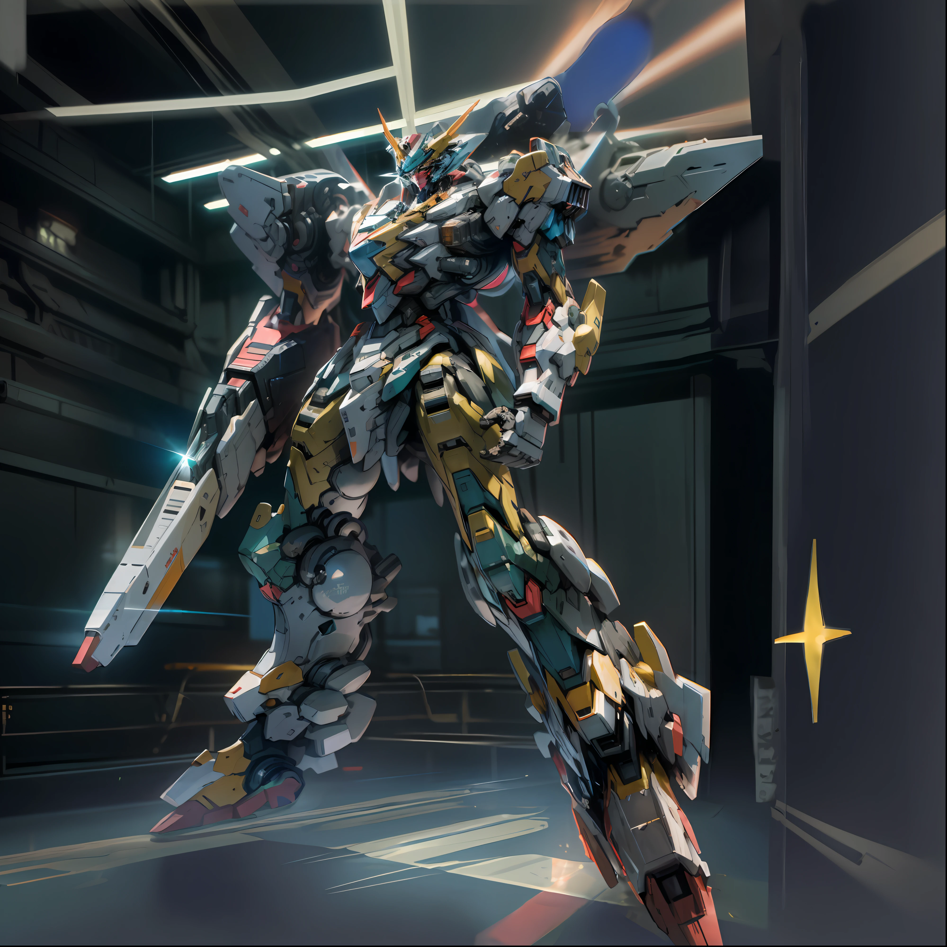 Full body standing painting, Gundam Mech, Machinary, The frontal of the character, reflective light, hyper HD, A high resolution, High detail, Chiaroscuro, Sparkle, Ray tracing, Cinematic lighting, High detail, Chiaroscuro, Sparkle, Ray tracing, reflective light, Cinematic lighting, Masterpiece, ccurate, Super detail, High details, High quality, 16k, hyper HD, Masterpiece, ccurate, Super detail, High details, High quality, A high resolution, 16k