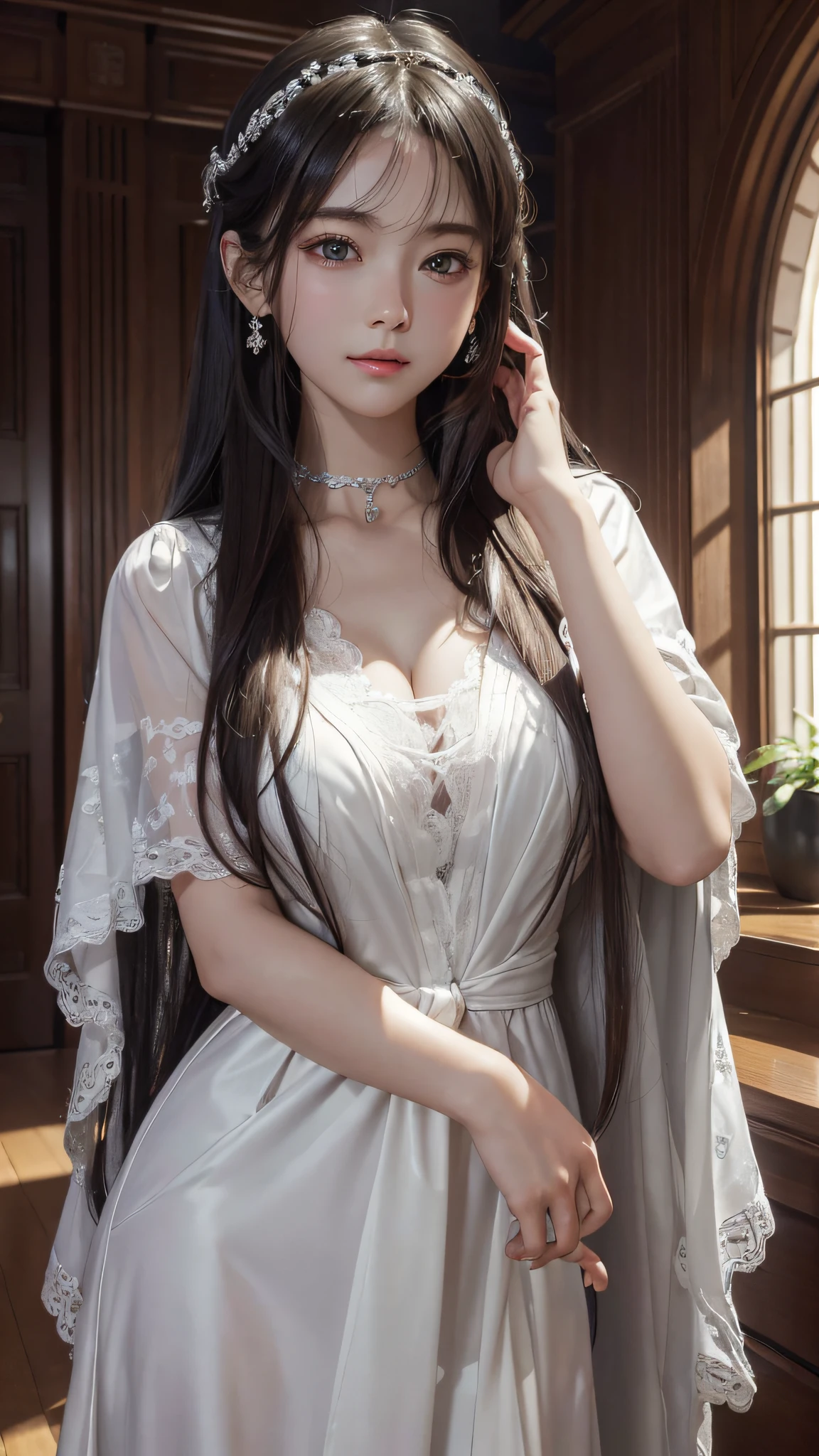 (Hyper-realistic) , (illustratio), (Increase the resolution), (8K), (extremely detaile), (Most Best Illustration), (美丽细致的眼睛), (best qualtiy), (ultra - detailed), (tmasterpiece), ( the wallpaper), (详细的脸), 独奏,1个Giant Breast Girl, looking at viewert, exquisite detailing, 详细的脸, deep shading,low tune,pureerosfaceace_V1, ssmile,long whitr hair,Black shawl straight hair,46 points oblique bangs,Best quality、tmasterpiece、A high resolution、1girll、hair adornments、choker necklace、jewely、pretty face、Physically、Tyndall effect、realisticlying、Shadow Studio、edge lit、bicolor lighting、(highdetailskin:1.2)、8K, Ultra HD、Digital SLR、softlighting、high high quality、volumettic light、sneak shot、photore、A high resolution、4K、8K, Yes、The background is blurred out,