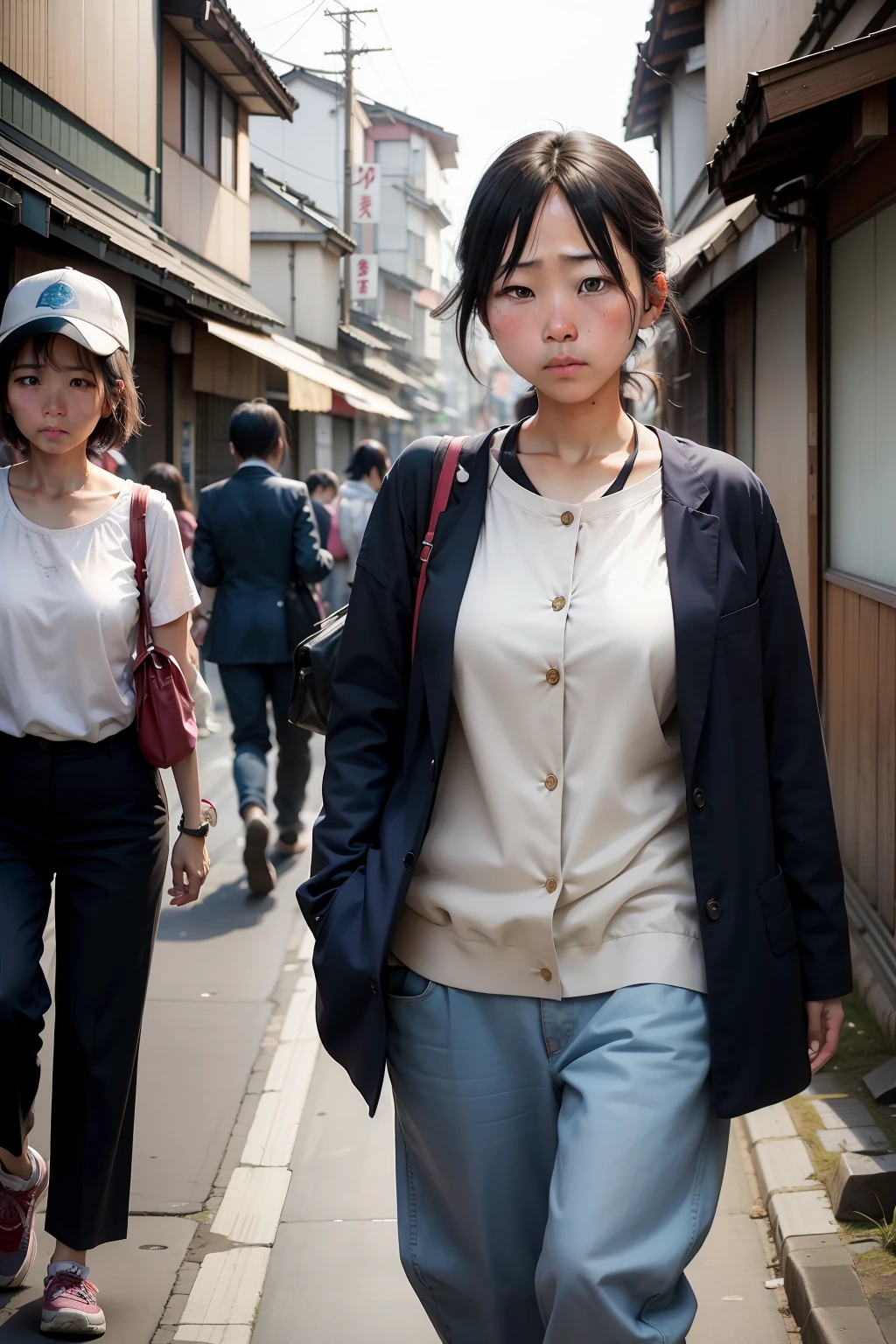 On the streets of economically depressed Japan,exhaustion、Impoverished single mothers in shabby clothes who work hard and take their daughters to demand wages from high-ranking male employers in suits。