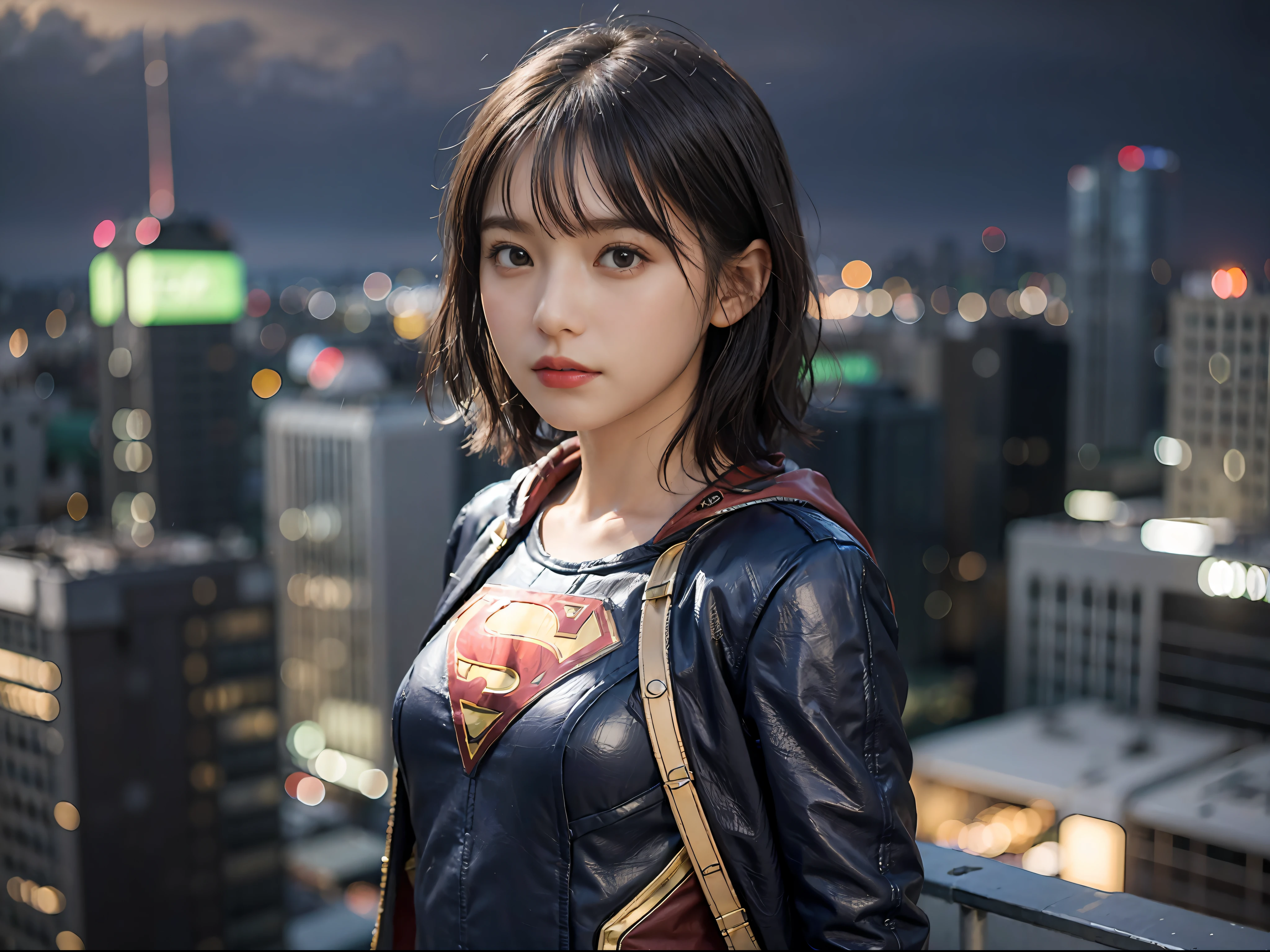 Best Quality, masutepiece, (Photorealistic:2), Ultra High Resolution, Highly detailed, A hyper-realistic, 1girl in, ((Supergirl suit in white)), (Superman's Long Cloak), Spider-Man pattern,  colourfull_hair、(((very_short_hair))), Short hair, Slim body, Full Shot,  Looking at Viewer, Night, ((On the roof of a high-rise building)), Rain, Dark Scene, Dark atmosphere, light neon, myst, cloudy, Lightning, Detailed background