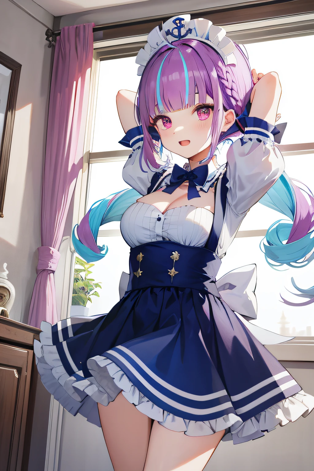 ​masterpiece、top-quality、***1人、Virtual Youtuber、Minato Aqua、long、multi color hair、doress、Twin-tailed、Maid headdress、Color Inner Hair、Purple Eye、Anchor Symbol、blue hairs、bow ribbon、Two-tone hair、shortsleeves、Braids、Blue Dress、Wrist cuffs、bow ribbon、bangss、Drill Hair、twin drills、Puffy Short Sleeves、Hair Ribbon、Purple hair、Puffy Sleeve、Ahoge、Ankle Cuffs、Dress Ribbon、Maids、frilld、manicure、striated hair、white bow、Cowboy Shots,Smile,Opening Mouth,a room,arms folded,cleavage