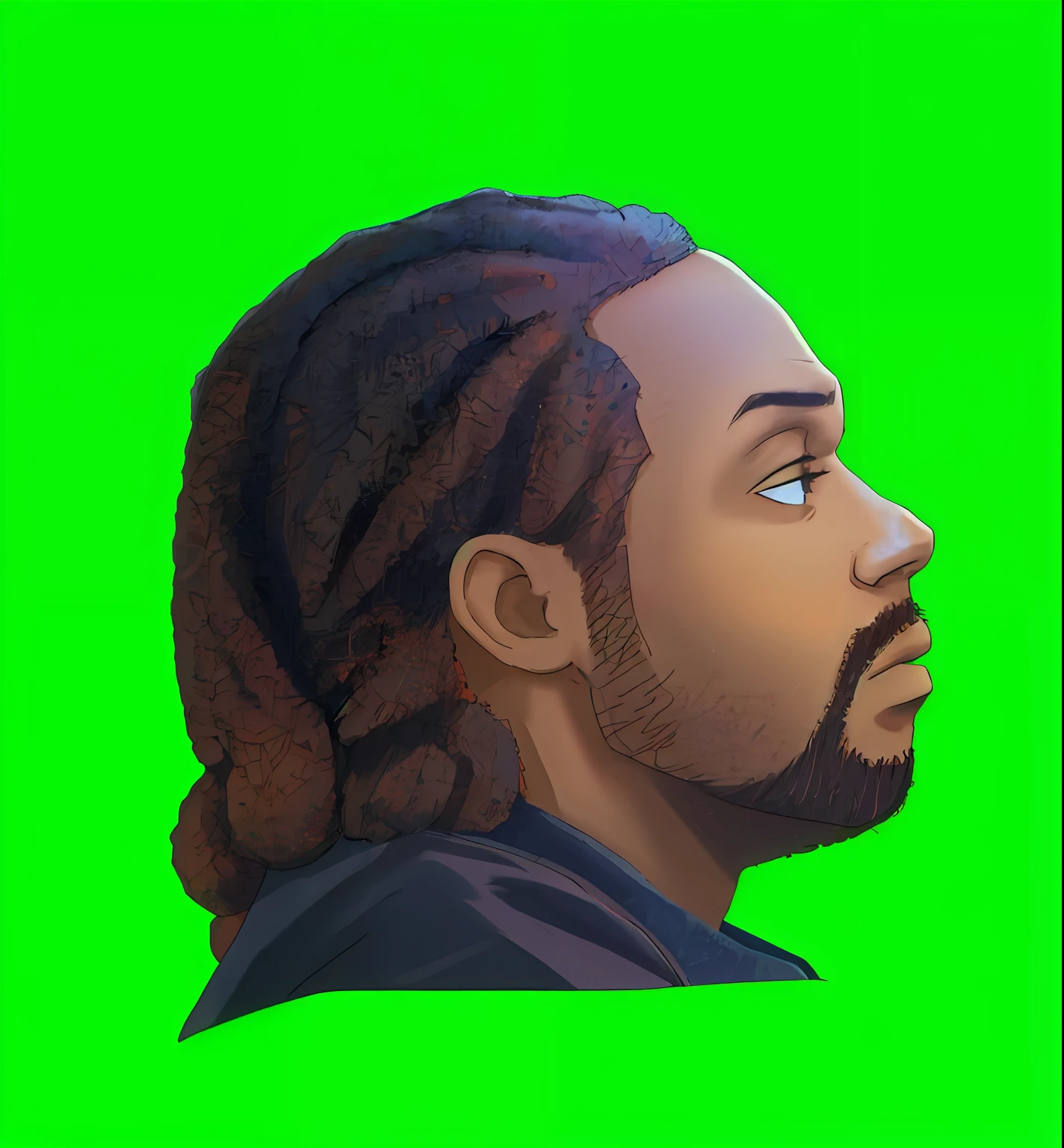 profile view of a black man, looking at viewer, exactly similar to photo ,poker face mood