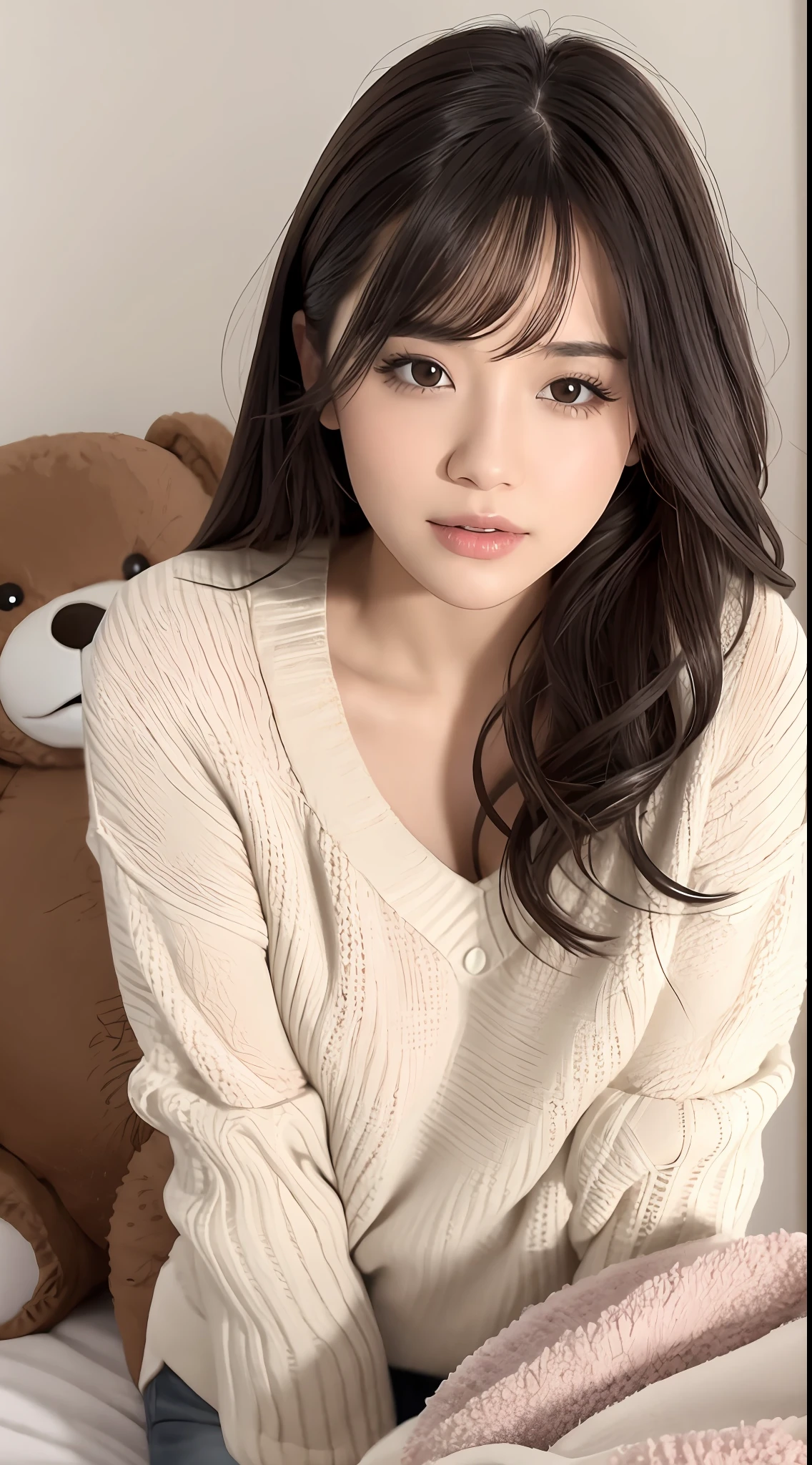 1girl walking on the river, mix4, sweater, pillow, lips, open_mouth, realistic, photo_\(medium\), solo, stuffed_animal, stuffed_toy, teddy_bear,(masterpiece),(photorealistic:1.3), ultra-detailed, (high detailed skin:1.2),(best quality:1.0), (ultra highres:1.0), (ulzzang-6500:0.3), wavy detailed hair, long hair, sunshine, (beautiful detailed makeup), (sexually aroused blushing heavy breathing:1.0), floral theme flower petals scattered, (soft glow bloom:0.5)