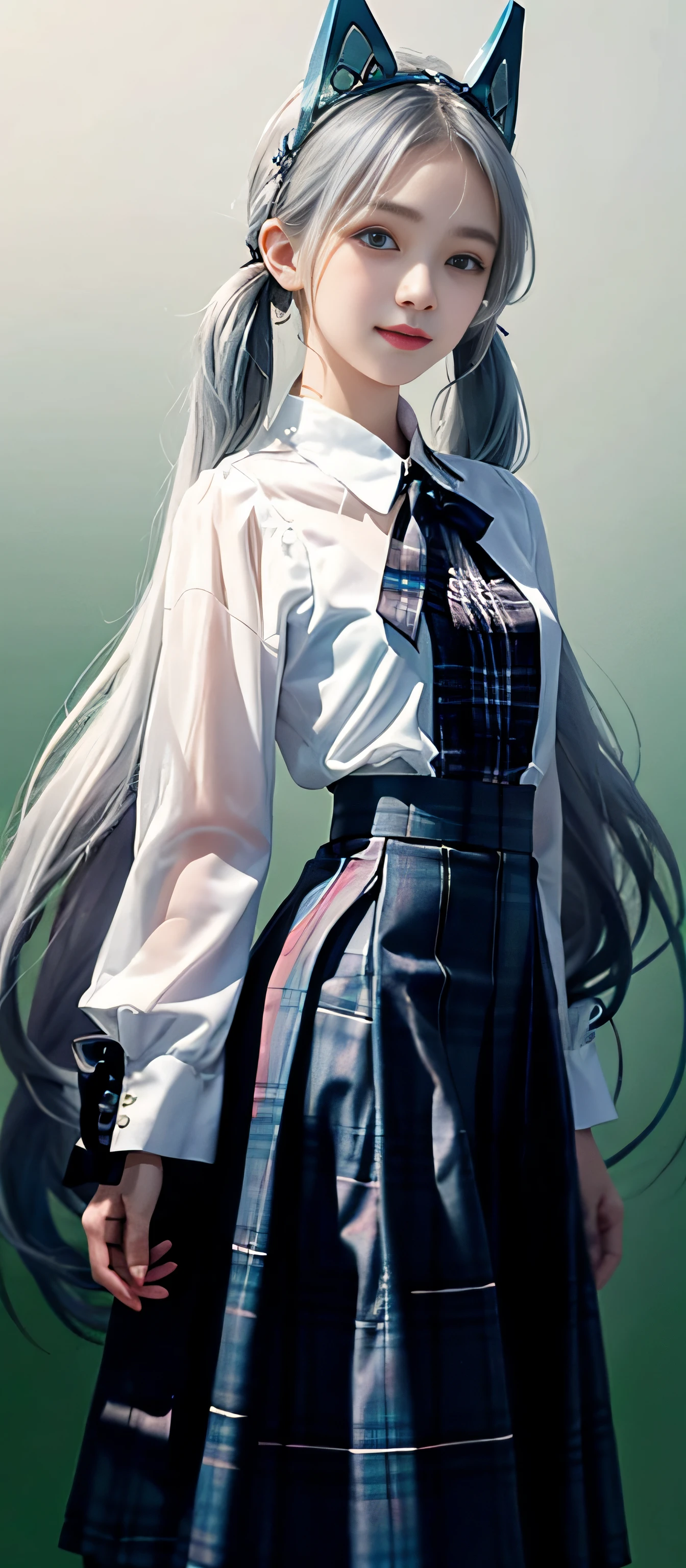 Twin tails, happy face, square neck, 1girl, (masterpiece:1.1), (white see-through-blouse:1.1) (best quality:1.1), (plaid skirt:1.1), high-waisted long skirt, BREAK [blue:pink:0.5] theme, (gradient background: 1.1 ), cowboy shot, break silver hair, long hair,, green eyes, delicate headgear
