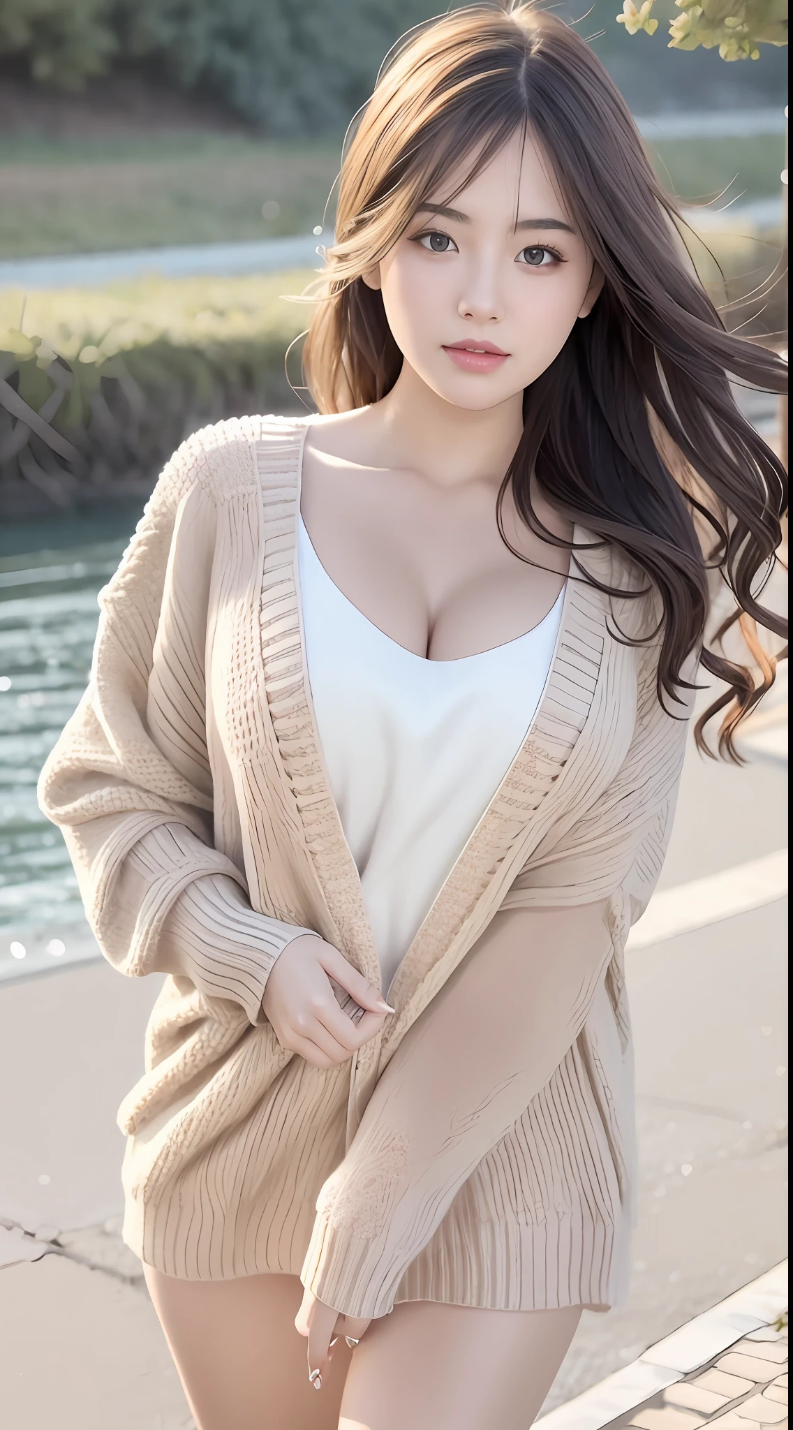 1girl walking on the river, mix4, sweater, pillow, lips, open_mouth, realistic, photo_\(medium\), solo, stuffed_animal, stuffed_toy, teddy_bear,(masterpiece),(photorealistic:1.3), ultra-detailed, (high detailed skin:1.2),(best quality:1.0), (ultra highres:1.0), (ulzzang-6500:0.3), wavy detailed hair, long hair, sunshine, (beautiful detailed makeup), (sexually aroused blushing heavy breathing:1.0), floral theme flower petals scattered, (soft glow bloom:0.5)