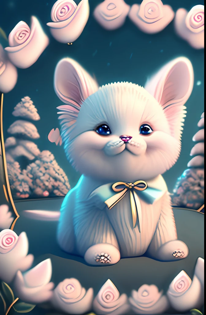In this ultra-detailed CG art, cute puppy surrounded by ethereal roses, laughter, best quality, high resolution, intricate details, fantasy, cute animals, open mouths, laugh, color vibrant