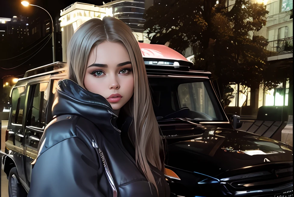 Araffe mulher na jaqueta preta ao lado de um SUV preto, Anna Nikonova aka Newmilky, Meio rosa, Retrato de Demi Rose, Retrato Demi Rose, Retrato claro de Demi Rose, Anastasia Ovchinnikova, Angelina Stroganova, Estilo de Julia Razumova, sofya emelenko, Yelena Belova, Ekaterina