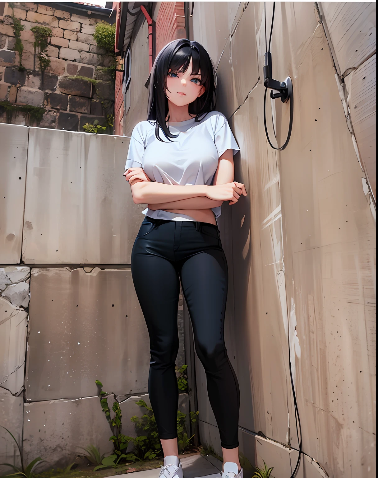 1woman leaning against a wall with her arms crossed, leaning against the wall, leaning on the wall, casual pose, full body picture, full body photogenic shot, full body photograph, portrait full body, in front of white back drop, dressed in a white t shirt, standing in an alleyway, on a large marble wall, best quality, masterpiece, anime style, 1girl, 15 years old, best face, rim lighting, (high detailed skin:1.2), 8k uhd, high quality, high resolution, 4k, 8k, bokeh, absurdres, best ratio four finger and one thumb, amazing ilustration, best background matching, anime style 4 k, beautiful background, ultra hd 8K, black hair, medium hair, slim body, tall body, medium breast, black eyes, detailed eyes, beautiful eyes, simetrical eyes, detailed pupil, white t-shirt, best anatomy, cute face, beautiful face, smile