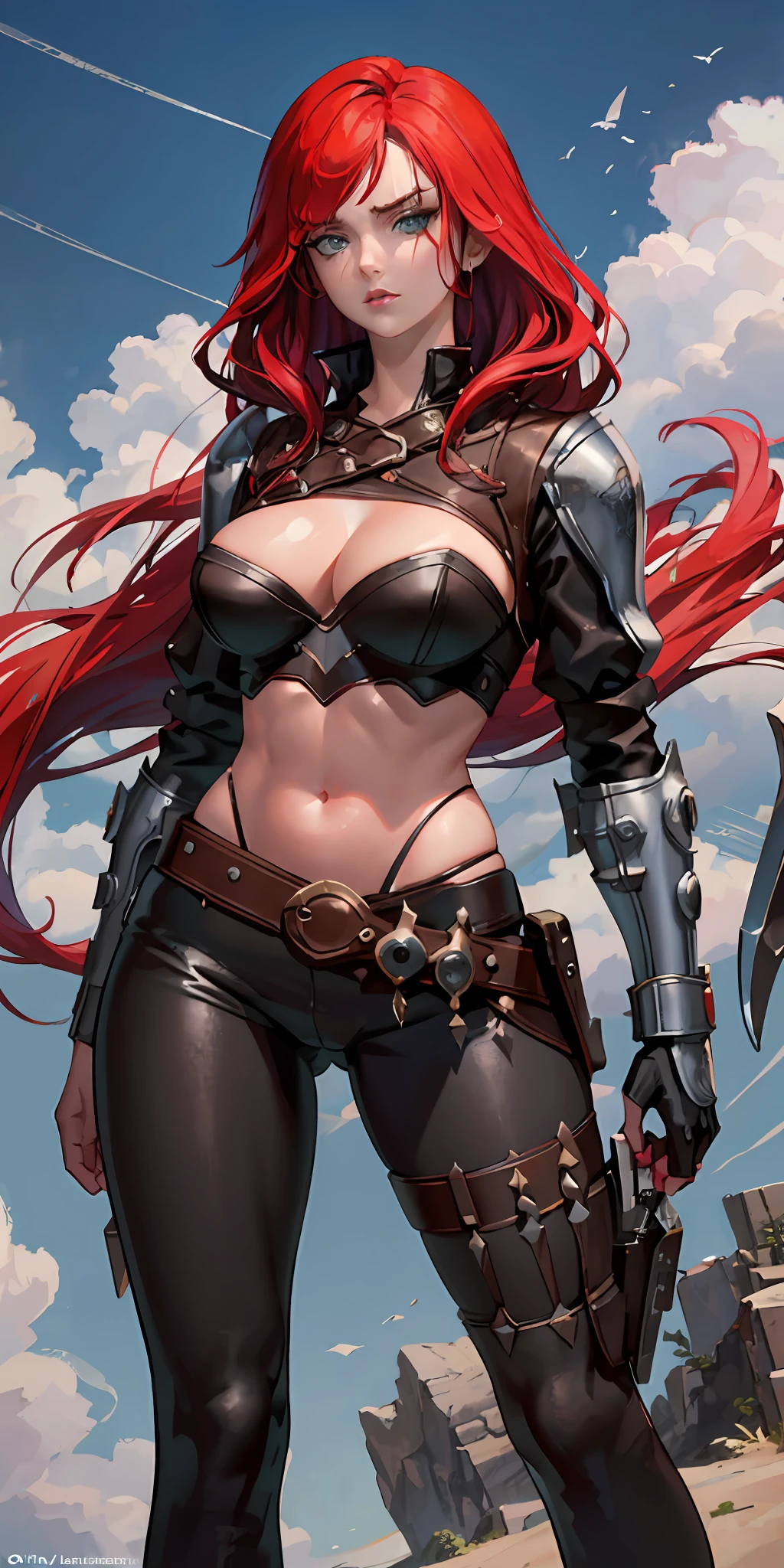 masterpiece, best quality, katarina, face of young Bryce Dallas Howard, (scar over eye), armor, cropped jacket, cleavage, bustier, midriff, belt, black pants, upper body, standing, furrowed brow, serious expression, glare, looking at viewer, wasteland, sky, clouds