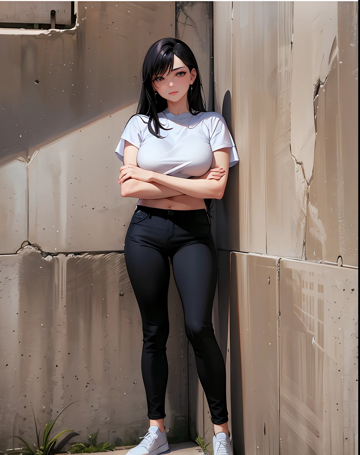 1woman leaning against a wall with her arms crossed, leaning against the wall, leaning on the wall, casual pose, full body picture, full body photogenic shot, full body photograph, portrait full body, in front of white back drop, dressed in a white t shirt, standing in an alleyway, on a large marble wall, best quality, masterpiece, anime style, 1girl, 15 years old, best face, rim lighting, (high detailed skin:1.2), 8k uhd, high quality, high resolution, 4k, 8k, bokeh, absurdres, best ratio four finger and one thumb, amazing ilustration, best background matching, anime style 4 k, beautiful background, ultra hd 8K, black hair, medium hair, slim body, tall body, medium breast, black eyes, detailed eyes, beautiful eyes, simetrical eyes, detailed pupil, white t-shirt, best anatomy, cute face, beautiful face, smile