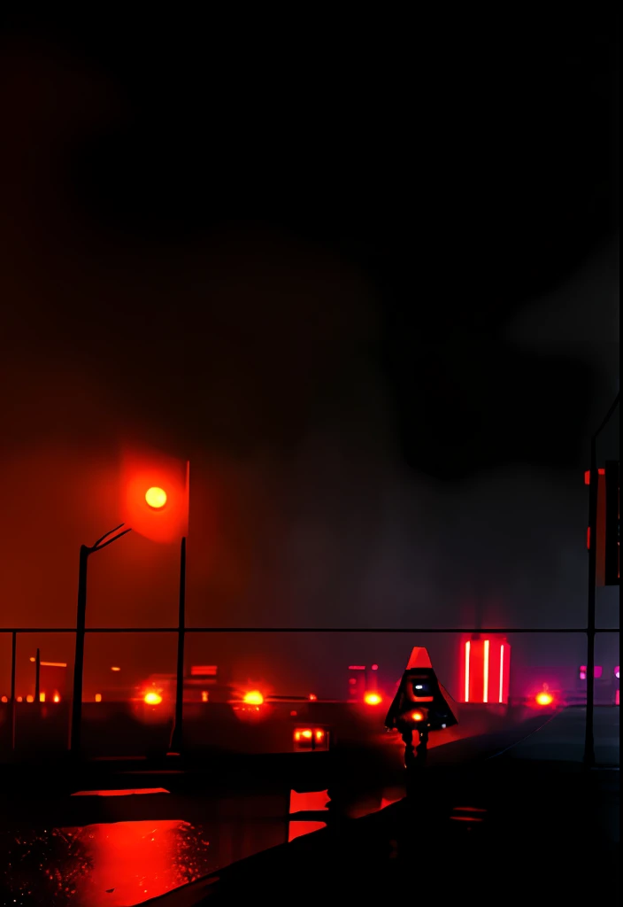 (Ultra photo realsisim:1.3),(Grainy:0.8), Natural lighting, Futuristic city, (rained:1.3), (Dark:1.3), (Heavy fog:1.2), red lights, orange lights, blue lights AND girl, cape with hood, light logo, Cyberpunk clothing, red lights, orange lights,(Electric Colors:0.7)