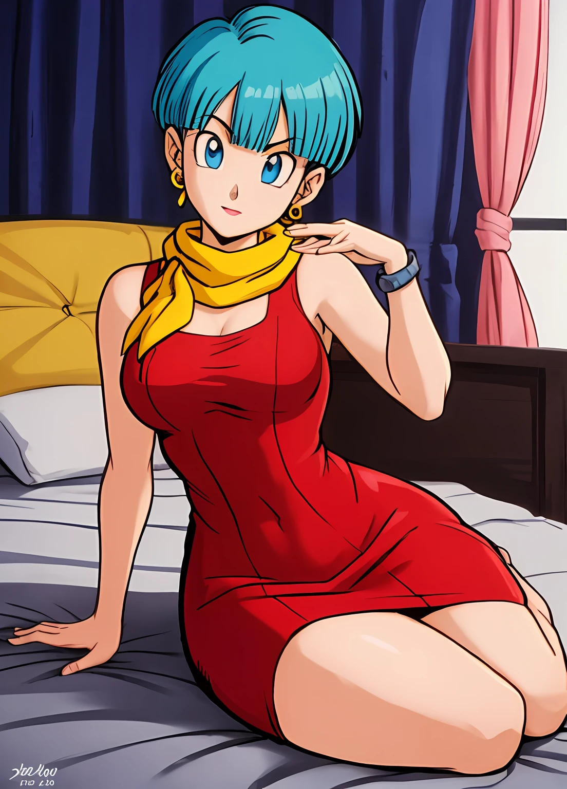 masterpiece, best quality, highest quality, (photorealistic),  perfect anatomy, perfect face, perfect eyes,
bulmadbzreddress, aqua hair, red dress, short hair,  blue eyes, yellow scarf,  sleeveless, earrings, sexy pose, 1girl, on bed, lying, lying on bed, sexy pose