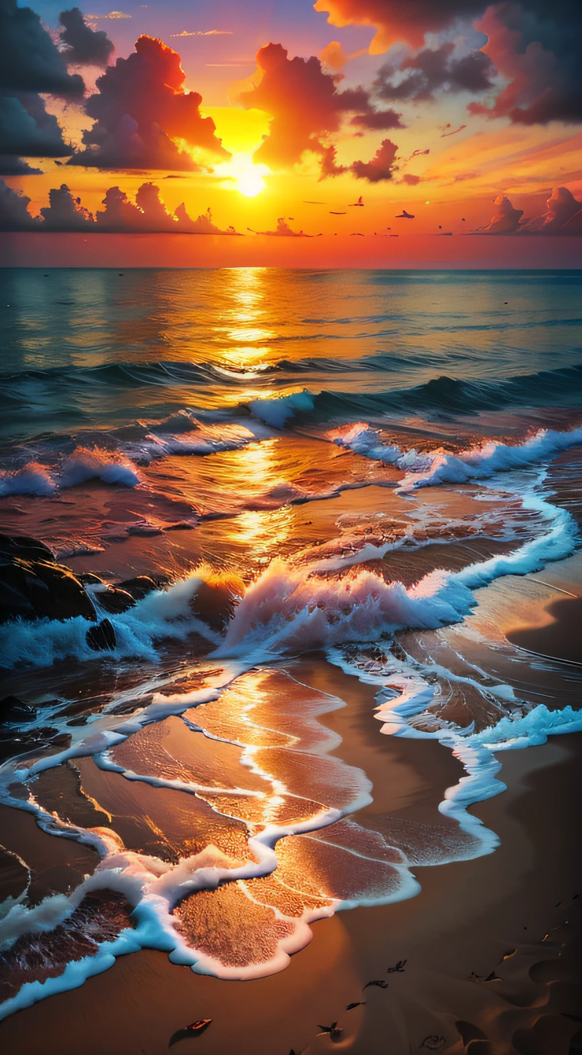 Absolutely mesmerizing sunset on the beach with a mix of oranges, pinks and yellows in the sky. The water is crystal clear, gently kissing the shore, and the white sand is endless. The scenes are action-packed and breathtaking, with seagulls soaring high in the sky and palm trees swaying gently. Immerse yourself in the calm atmosphere and let the serenity surround you.