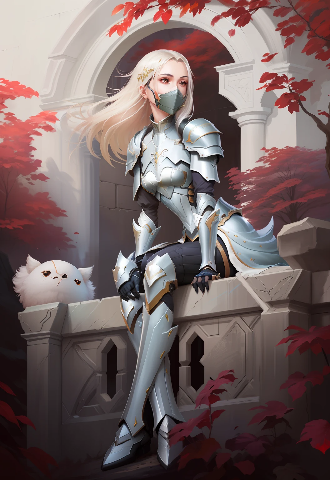 uma pintura de uma mulher de armadura sentada em uma varanda, cushart krenz arte chave feminina, Krenz Cushart e Artgerm, Wlop e Krenz Cushart, epic exquisite character art, pintura de personagem bonita, inspirado por Li Chevalier, Krenz Cushart e Wenjun Lin, armadura branca, por Yang J, obra-prima, melhor qualidade, (papel de parede CG unity 8k extremamente detalhado), (melhor qualidade), (best illustration), (melhor sombra), Absurdo, arte epica, Poses gloriosas, lindo brilho detalhado, brilho luminoso de fundo, detalhes insano