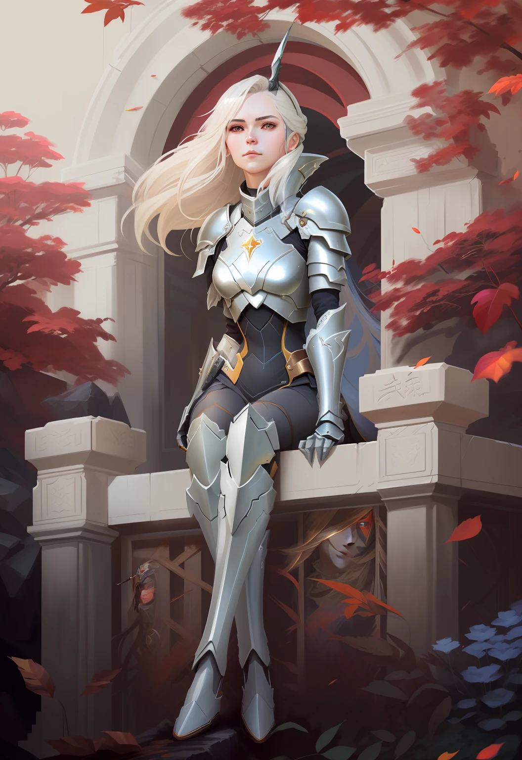 uma pintura de uma mulher de armadura sentada em uma varanda, cushart krenz arte chave feminina, Krenz Cushart e Artgerm, Wlop e Krenz Cushart, epic exquisite character art, pintura de personagem bonita, inspirado por Li Chevalier, Krenz Cushart e Wenjun Lin, armadura branca, por Yang J, obra-prima, melhor qualidade, (papel de parede CG unity 8k extremamente detalhado), (melhor qualidade), (best illustration), (melhor sombra), Absurdo, arte epica, Poses gloriosas, lindo brilho detalhado, brilho luminoso de fundo, detalhes insano