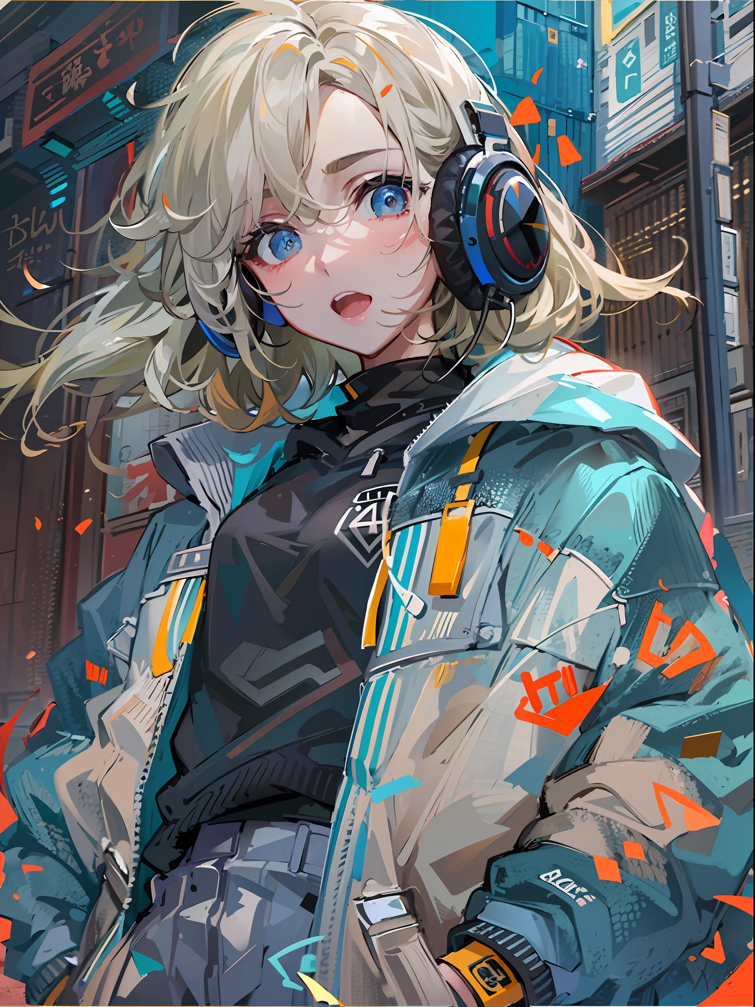 8K分辨率、((top-quality))、((​masterpiece))、((ultra-detailliert))、1 woman、独奏、incredibly absurdness、Oversized hoodies、headphones、Street、plein air、Sateen、neons、Shortcut Hair、Brightly colored eyes、Hands in pockets、a miniskirt、water dripping