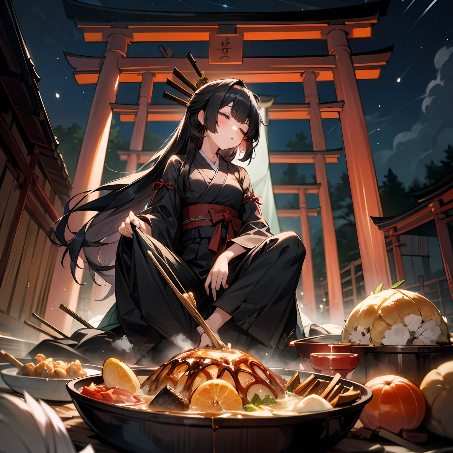 (masterpiece, best quality),(night,trash,junk:1.2),(torii,casserole),1girl,messy,empty can,black hair,long hair,messy hair,black clothes,japanese clothes,crate,skewer,tokkuri,sukiyaki,oden,small breasts,sit on the ground,symmetry,sleep
