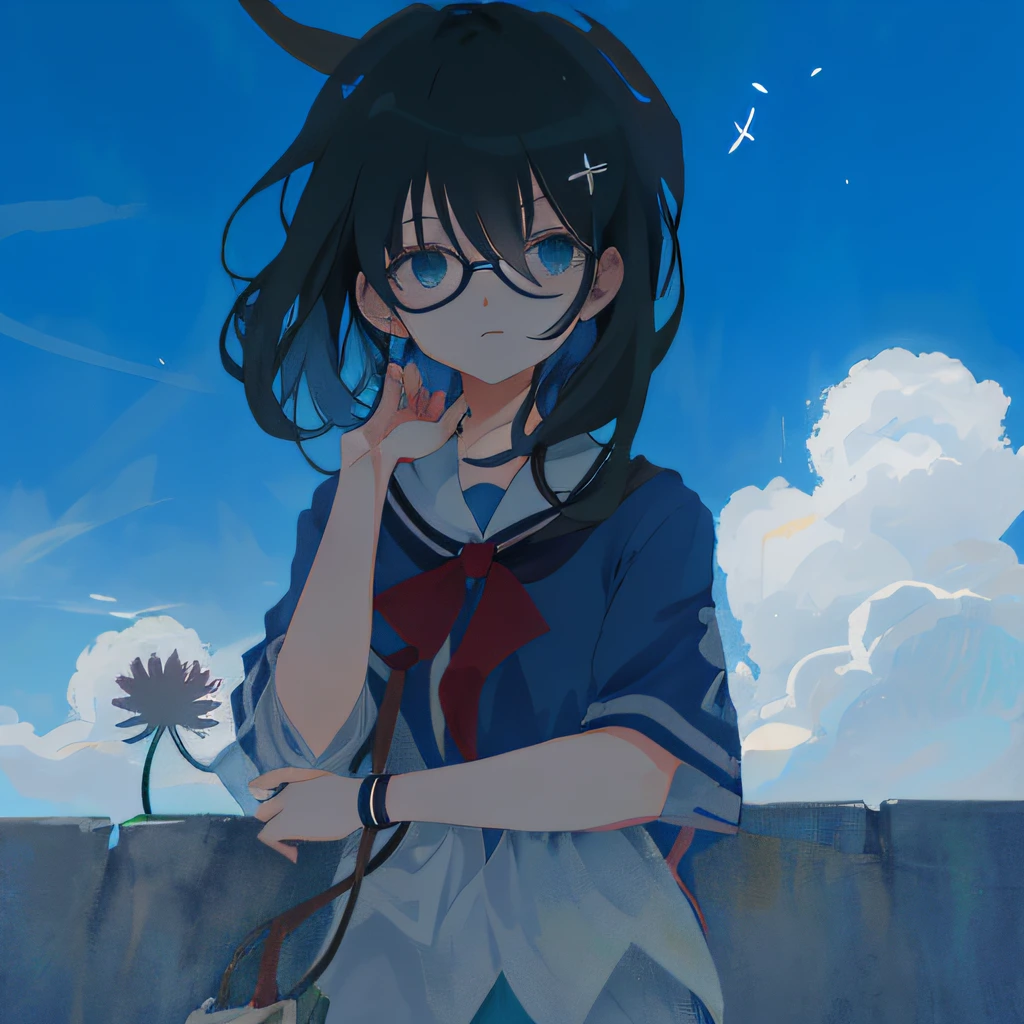 Anime girl with glasses and blue shirt holding dandelion, anime moe art style, fubuki, author:New Art, author:Uesaka Seka, 2 d anime style, in an anime style, iwakura lain, In anime style, author:Kiyochika Kobayashi, anime art style, author:Love light, Anime style portrait,The light from the back window is backlighted