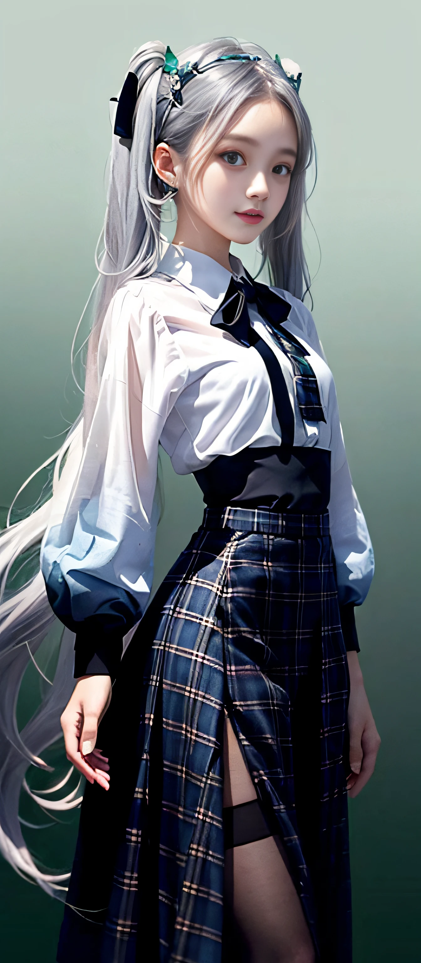 Twin tails, happy face, square neck, 1girl, (masterpiece:1.1), (white see-through-blouse:1.1) (best quality:1.1), (plaid skirt:1.1), high-waisted long skirt, BREAK [blue:pink:0.5] theme, (gradient background: 1.1 ), cowboy shot, break silver hair, long hair,, green eyes, delicate headgear
