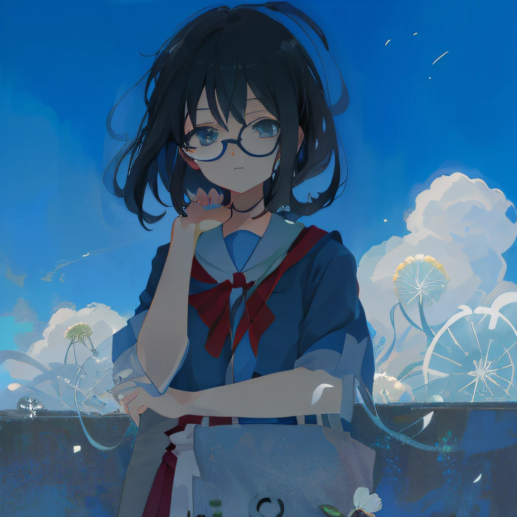 Anime girl with glasses and blue shirt holding dandelion, anime moe art style, fubuki, author:New Art, author:Uesaka Seka, 2 d anime style, in an anime style, iwakura lain, In anime style, author:Kiyochika Kobayashi, anime art style, author:Love light, Anime style portrait,The light from the back window is backlighted
