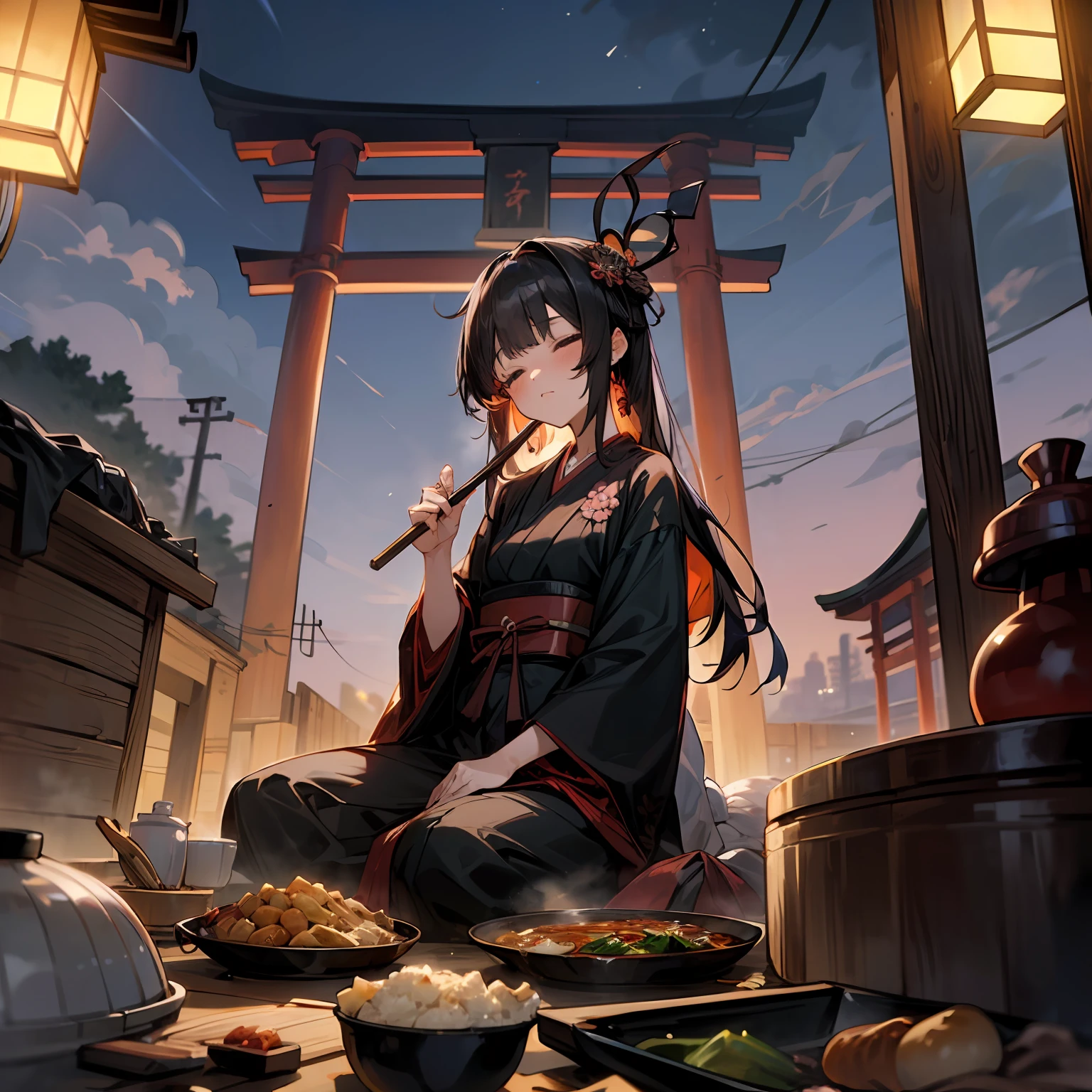 (masterpiece, best quality),(night,trash,junk:1.2),(torii,casserole),1girl,messy,empty can,black hair,long hair,messy hair,black clothes,japanese clothes,crate,skewer,tokkuri,sukiyaki,oden,small breasts,sit on the ground,symmetry,sleep