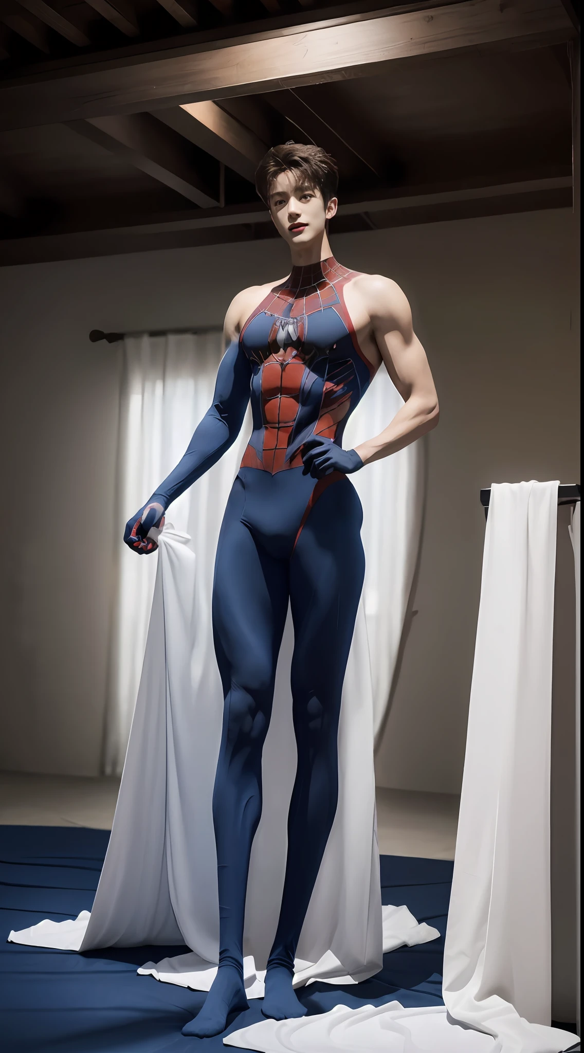 (A lovely :2),(Colored screen:1.2),Sofull bodyesbian:3),(Stay from the lens:3),(Expose your legs and feet:2),(revealing the whole body:5),(Look up at the perspective:1.2),malefocus,looking at viewert,16 yaers old,(:3),(Tall guy:2),Super tall,(Hei300 cm:2),Excellent body proportions,The shoulders are 2 times wider,(Biceps),(Slender slender legs:2.5),Slender feet,Normalremities,Small head,musculous,(Lovely and pretty:2),(The face of an anime man),(Very detailed beautiful face and eyes:2),(Big bright eyes:1.2),Sharp eyeliner,Clear anautiful face,short detailed hair,(Correct facial features),(tilts your head:1.5),(having fun,grinning smile),(Dark blue Spider-Man suit:2),white legwear,(Muscle firming:2),Strong,Super strong,(Wide sders and narrow waist:2.2),Sports men's socks,Detailed mustexture,Highlights muscle structure,At home,(squatt:4),(full length shoot),ultra-realistic realism, (Photorealistic detail), Incredible accuracy, lifelike textures, masterful technique, Jaw-dropping precision, artistic dedication,(anatomy correct),Good lighting,exquisite detailing,Best quality,stunning masterpiece,CG