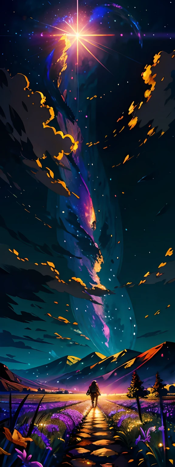 A wide landscape photo, (viewed from below, the sky is above, and the open field is below), a girl standing on a flower field looking up, (full moon: 1.2), (meteor: 0.9), (nebula: 1.3), distant mountains , Trees BREAK Crafting Art, (Warm Light: 1.2), (Firefly: 1.2), Lights, Lots of Purple and Orange, Intricate Details, Volumetric Lighting BREAK (Masterpiece: 1.2), (Best Quality), 4k, Ultra Detailed, (Dynamic Composition: 1.4), Rich in Detail and Color, (Rainbow Color: 1.2), (Glow, Atmospheric Lighting), Dreamy, Magical, (Solo: 1.2)
